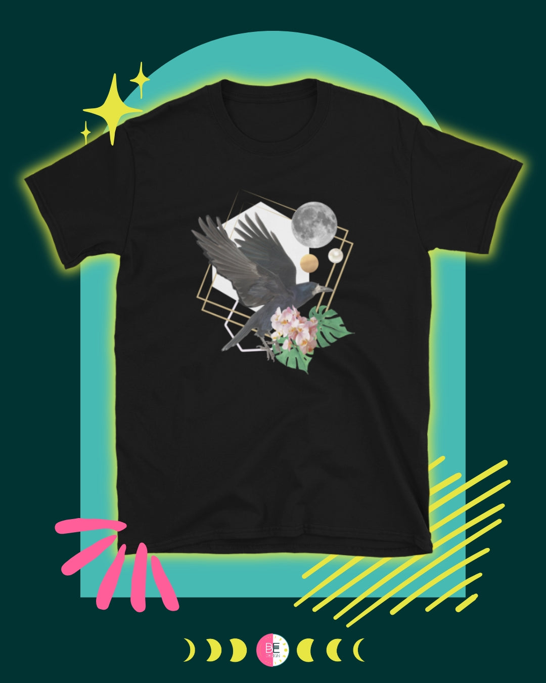 Raven in Flight & Full Moon Collage T-Shirt - Mystical Night Vibes
