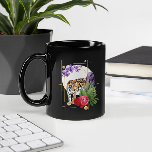 Tiger, Crystals & Tropical Plant Collage black glossy coffee mug