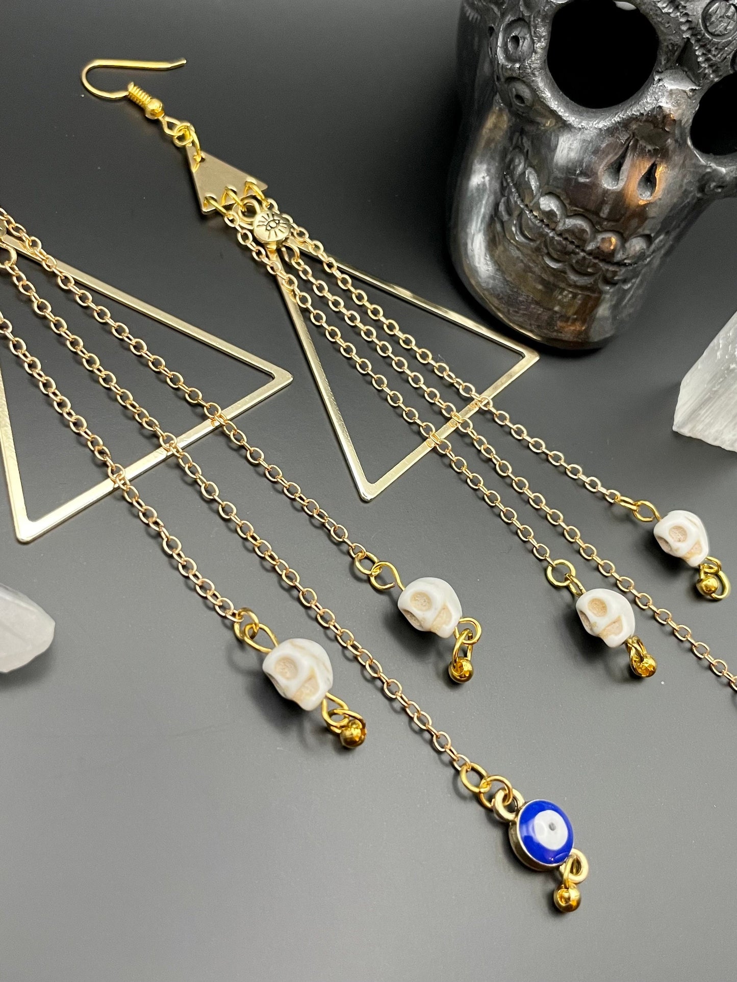 Evil eye and skull golden dangle earrings | Mind’s eye| Witchy earrings | Boho earrings | Nickel Free Hypoallergic plated steel ear wires