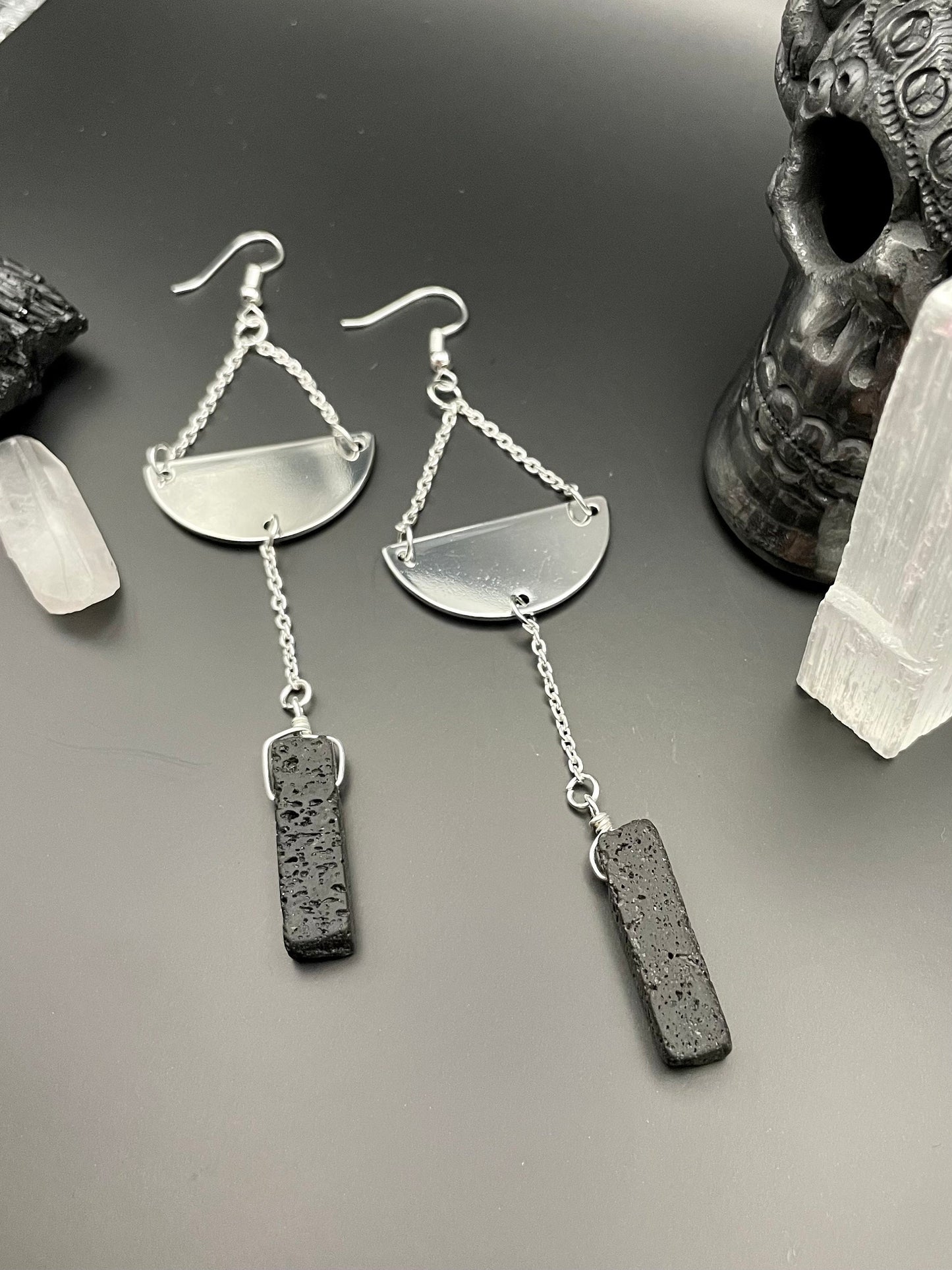 Black lava rock silver semi-circle dangle earrings | Witchy earrings | Boho earrings | Nickel Free Hypoallergic plated steel ear wires
