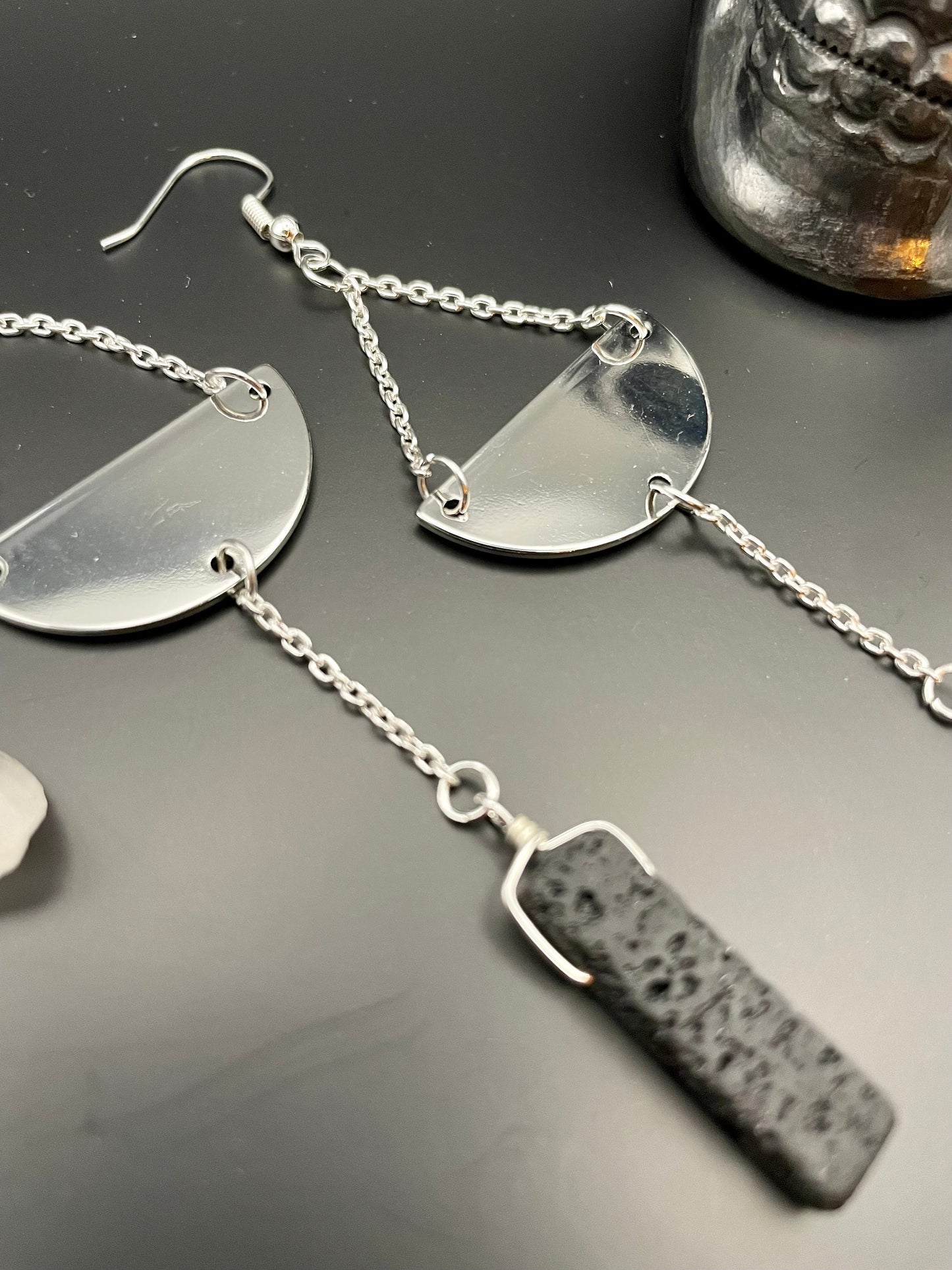 Black lava rock silver semi-circle dangle earrings | Witchy earrings | Boho earrings | Nickel Free Hypoallergic plated steel ear wires