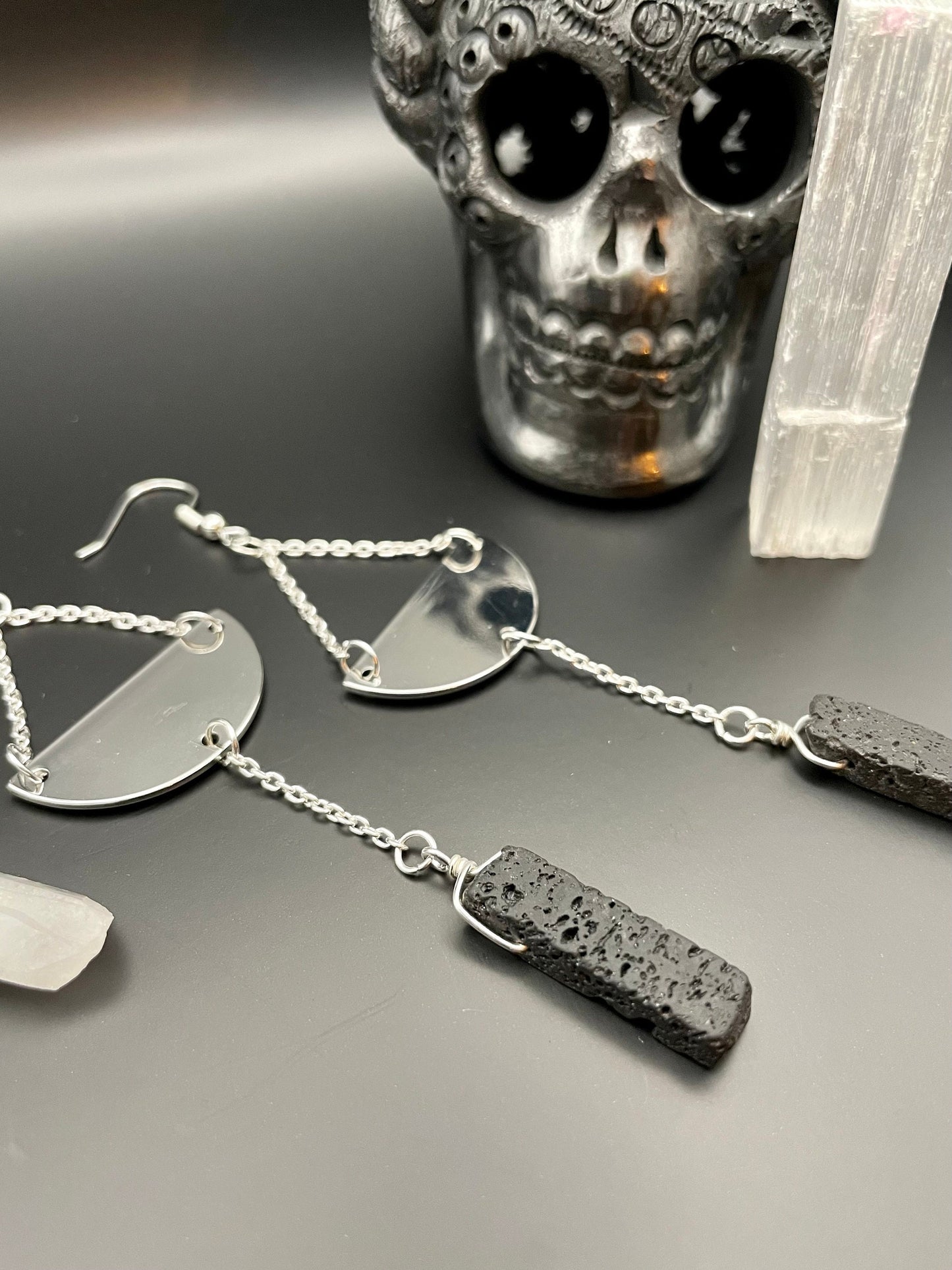 Black lava rock silver semi-circle dangle earrings | Witchy earrings | Boho earrings | Nickel Free Hypoallergic plated steel ear wires