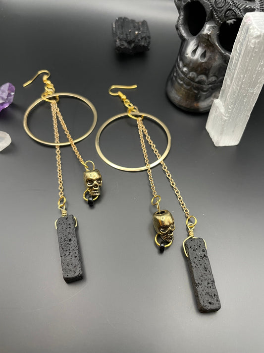 Black lava rock and golden skull statement earrings | Witchy earrings | Boho earrings | Nickel Free Hypoallergic plated steel ear wires