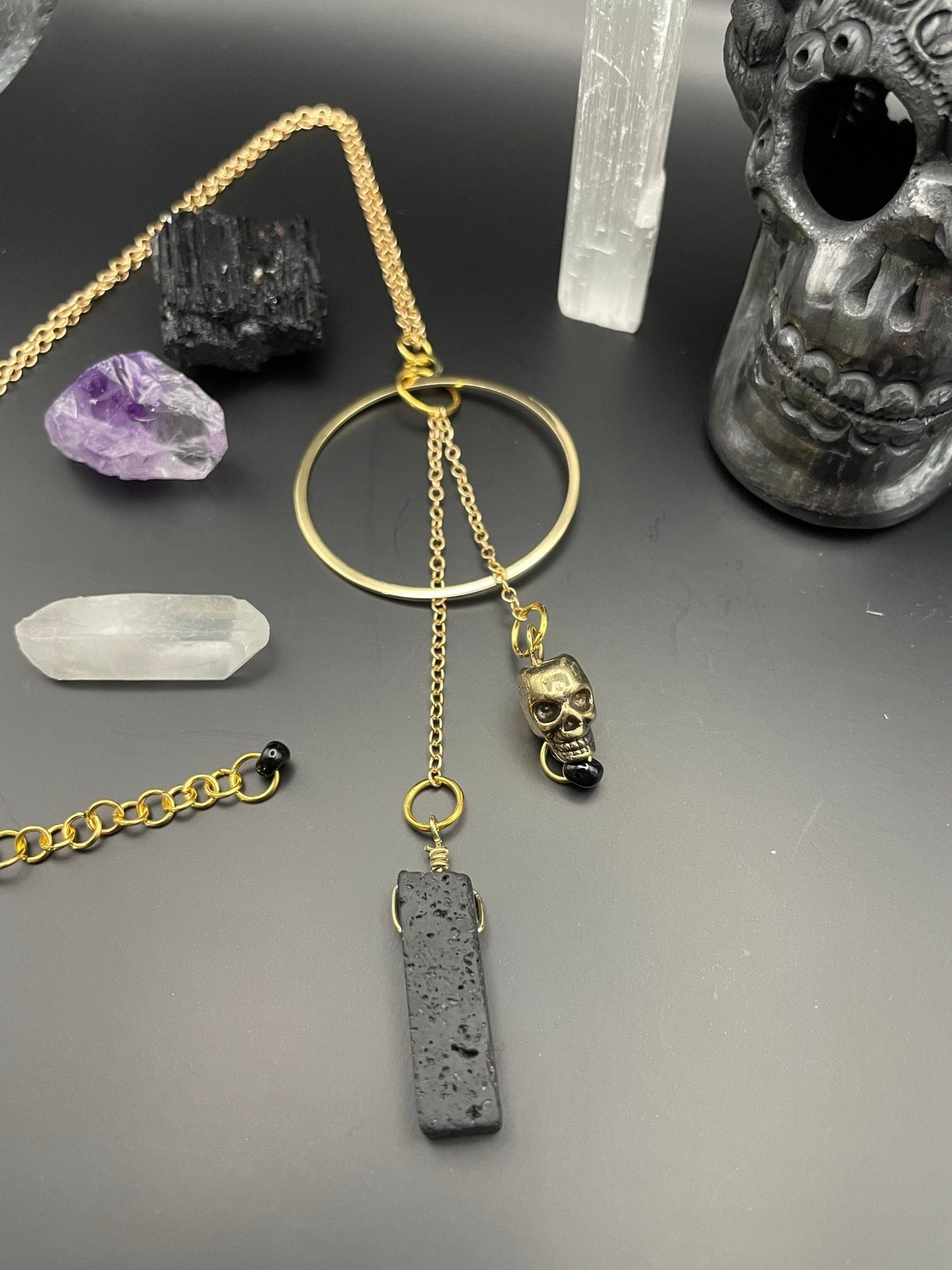 Black lava rock and golden skull statement necklace | Witchy necklace | Boho necklace | Nickel Free Hypoallergic chain