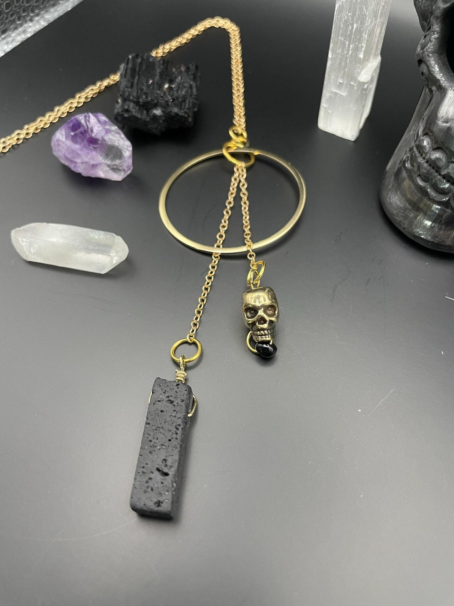 Black lava rock and golden skull statement necklace | Witchy necklace | Boho necklace | Nickel Free Hypoallergic chain