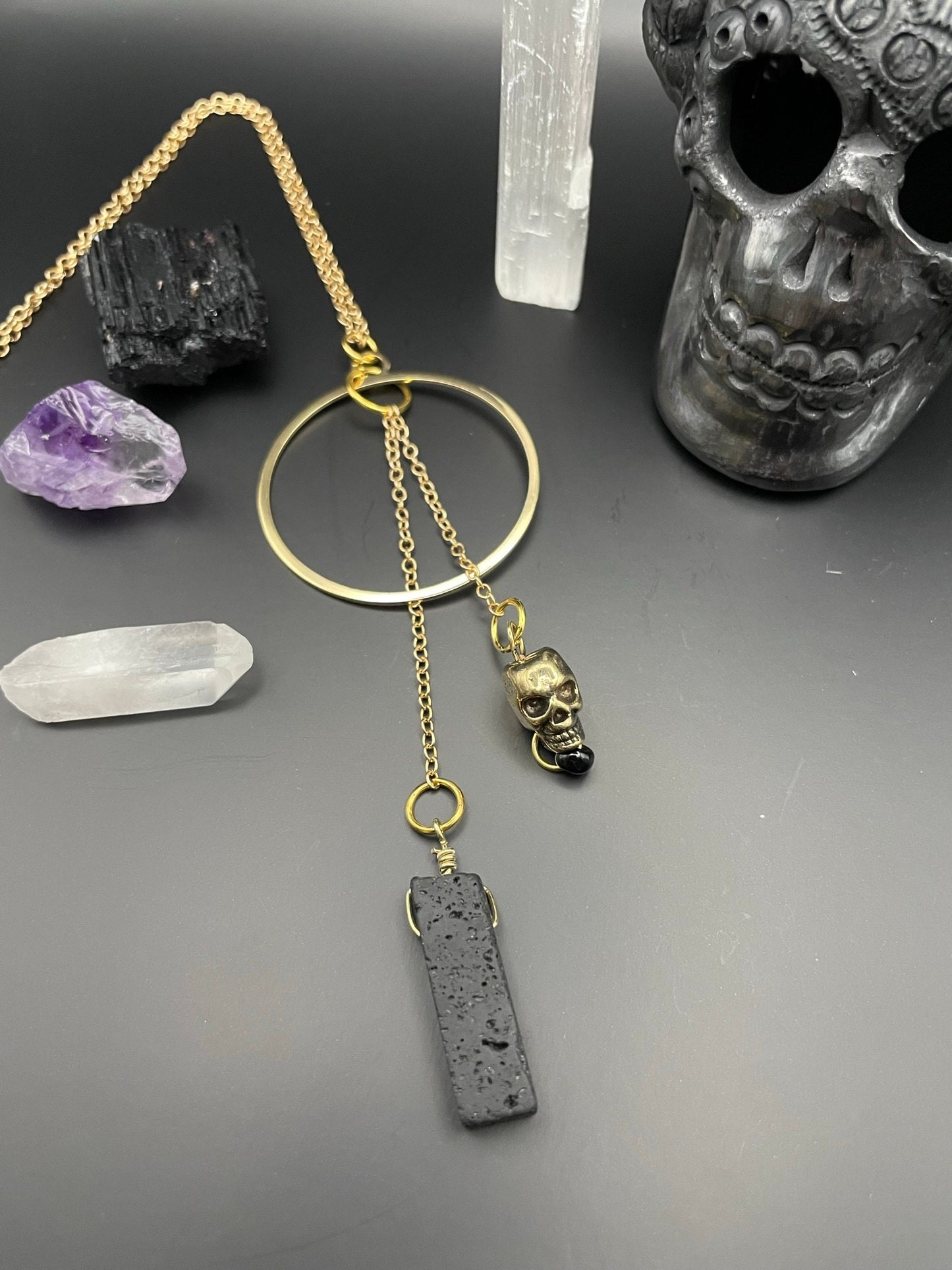 Black lava rock and golden skull statement necklace | Witchy necklace | Boho necklace | Nickel Free Hypoallergic chain