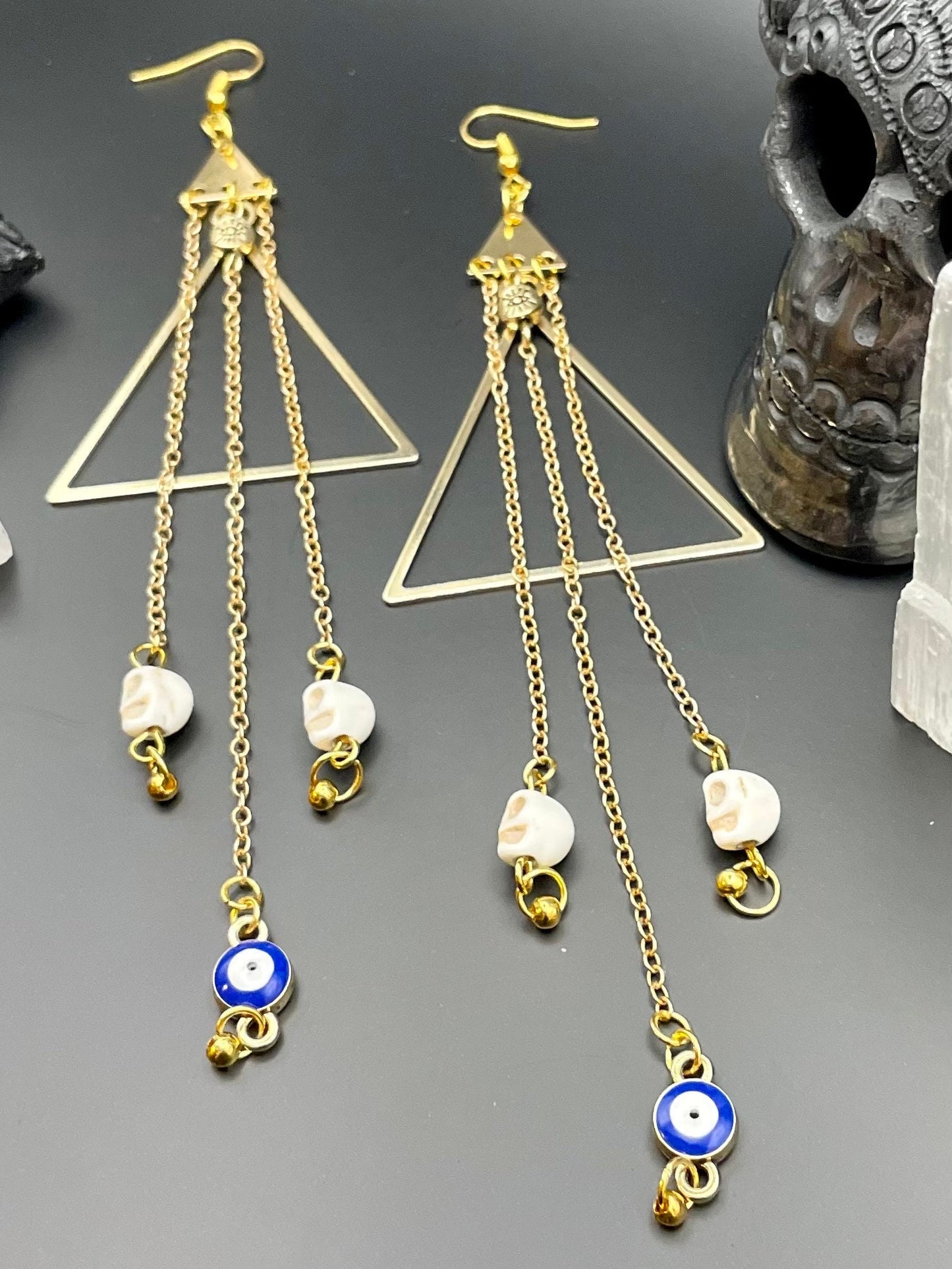 Evil eye and skull golden dangle earrings | Mind’s eye| Witchy earrings | Boho earrings | Nickel Free Hypoallergic plated steel ear wires
