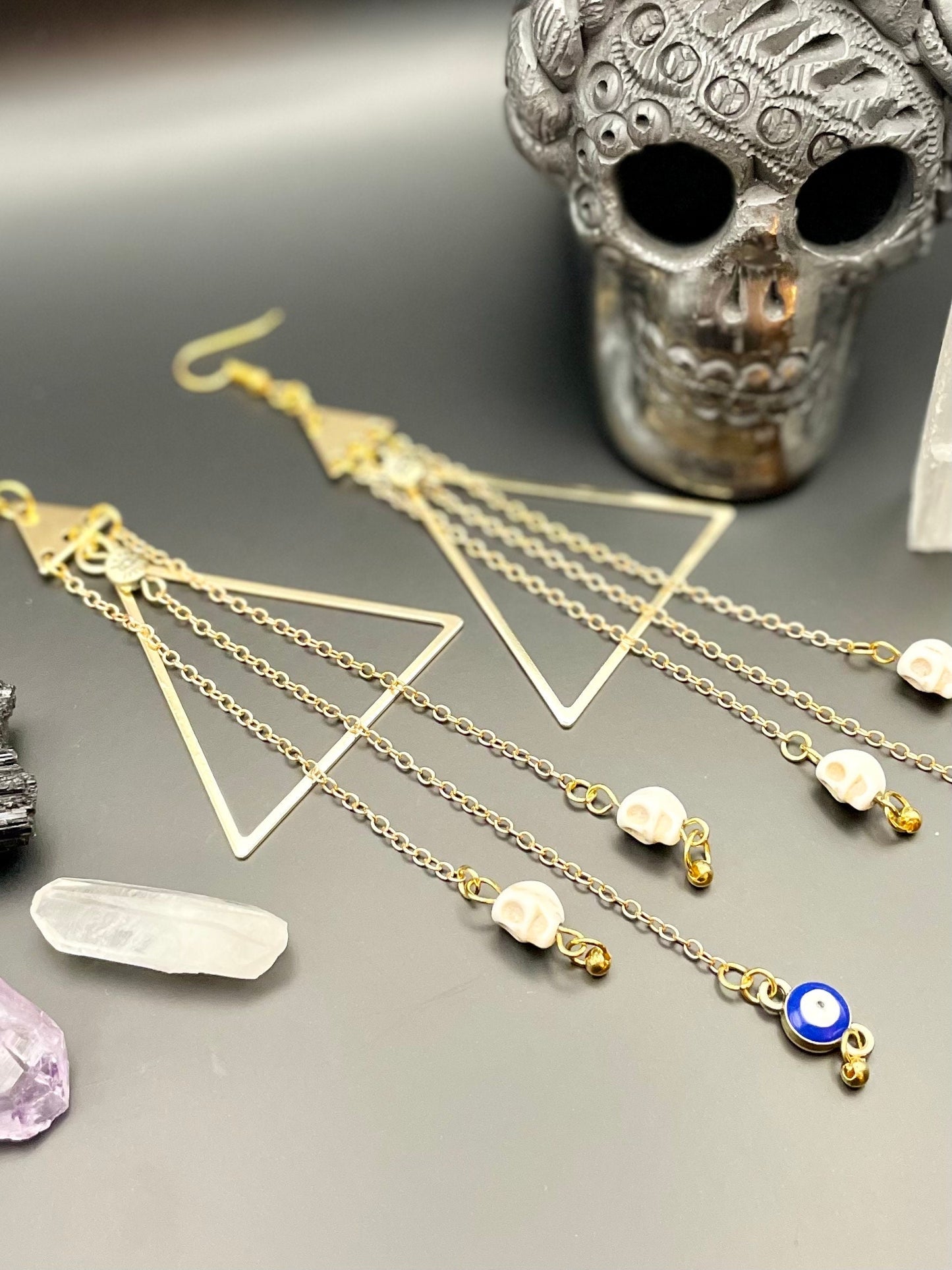 Evil eye and skull golden dangle earrings | Mind’s eye| Witchy earrings | Boho earrings | Nickel Free Hypoallergic plated steel ear wires