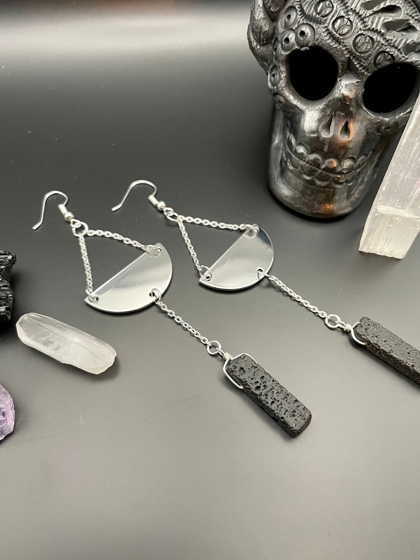 Black lava rock silver semi-circle dangle earrings | Witchy earrings | Boho earrings | Nickel Free Hypoallergic plated steel ear wires