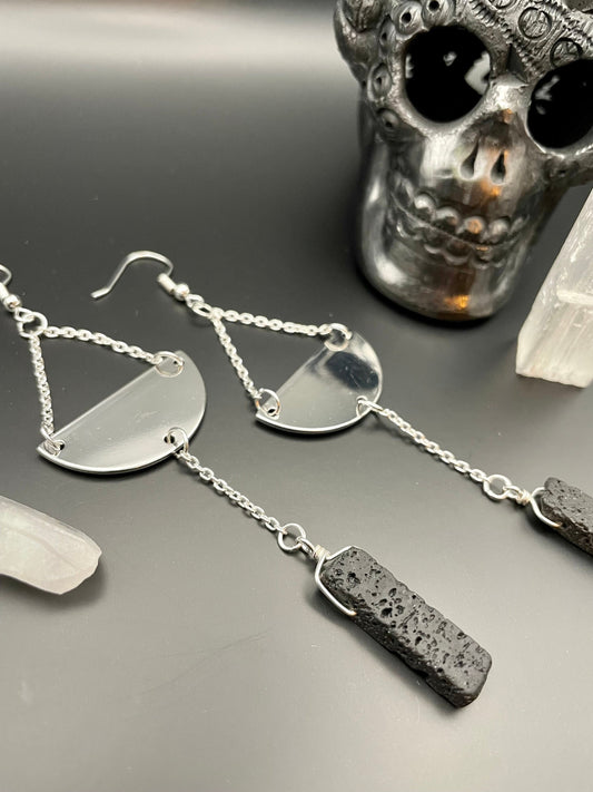 Black lava rock silver semi-circle dangle earrings | Witchy earrings | Boho earrings | Nickel Free Hypoallergic plated steel ear wires