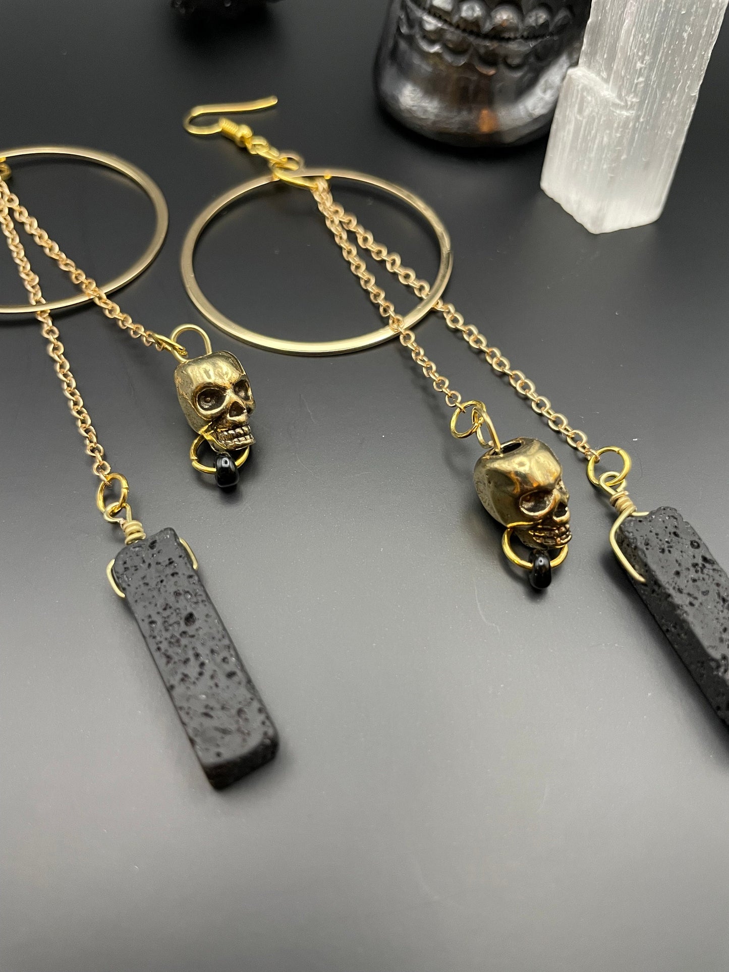 Black lava rock and golden skull statement earrings | Witchy earrings | Boho earrings | Nickel Free Hypoallergic plated steel ear wires