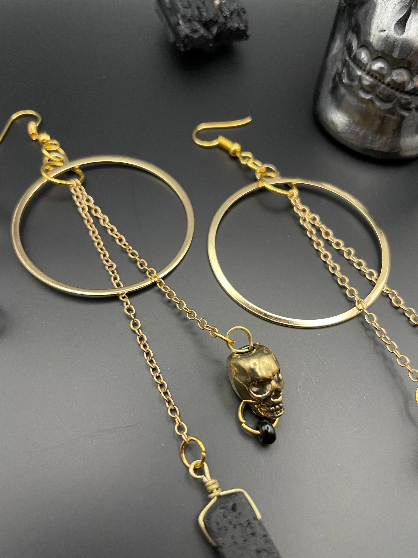 Black lava rock and golden skull statement earrings | Witchy earrings | Boho earrings | Nickel Free Hypoallergic plated steel ear wires