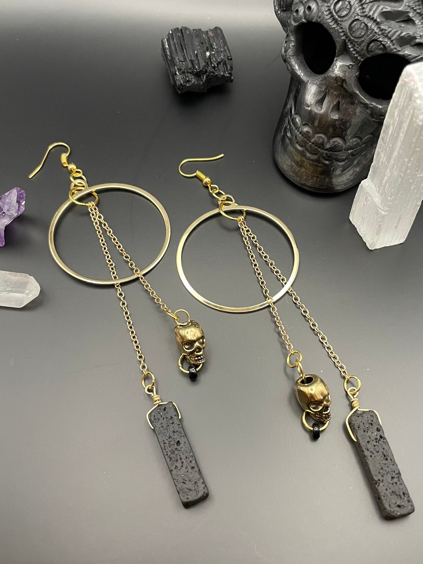 Black lava rock and golden skull statement earrings | Witchy earrings | Boho earrings | Nickel Free Hypoallergic plated steel ear wires