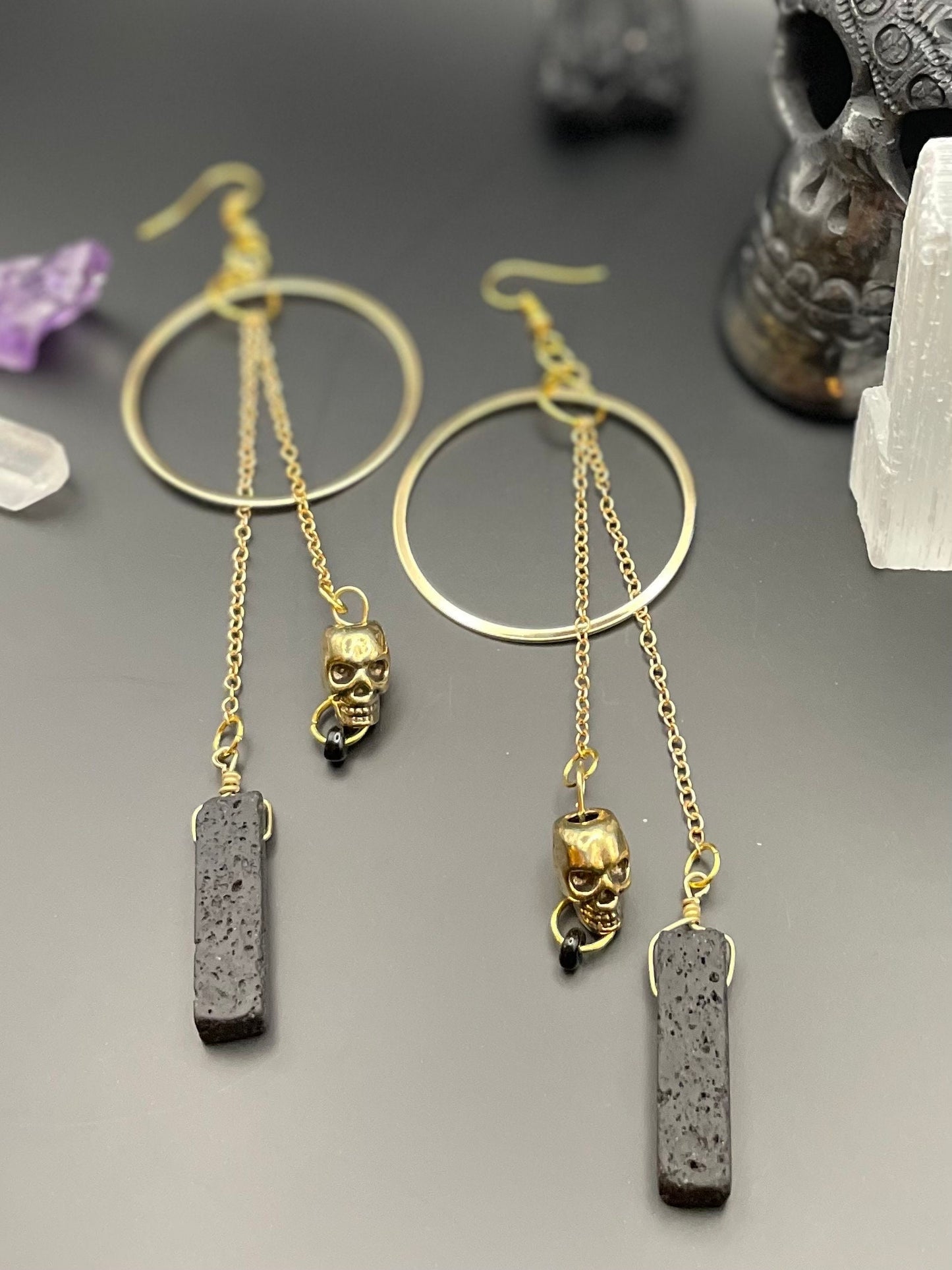 Black lava rock and golden skull statement earrings | Witchy earrings | Boho earrings | Nickel Free Hypoallergic plated steel ear wires
