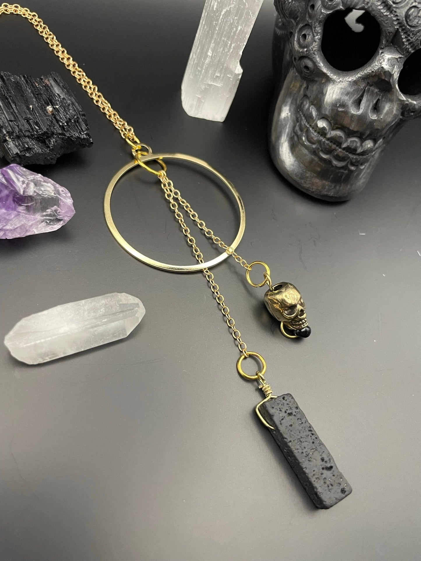 Black lava rock and golden skull statement necklace | Witchy necklace | Boho necklace | Nickel Free Hypoallergic chain
