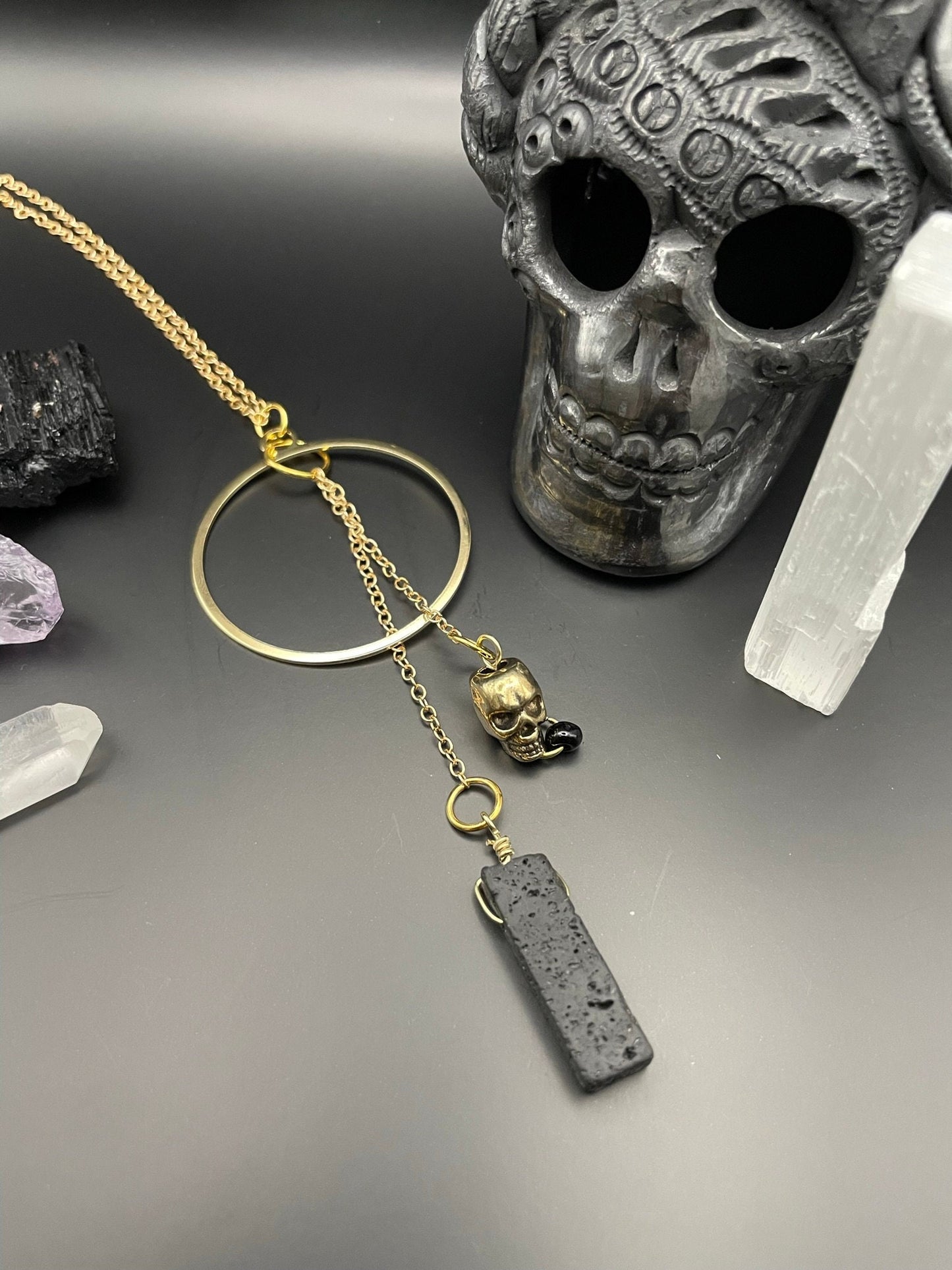 Black lava rock and golden skull statement necklace | Witchy necklace | Boho necklace | Nickel Free Hypoallergic chain
