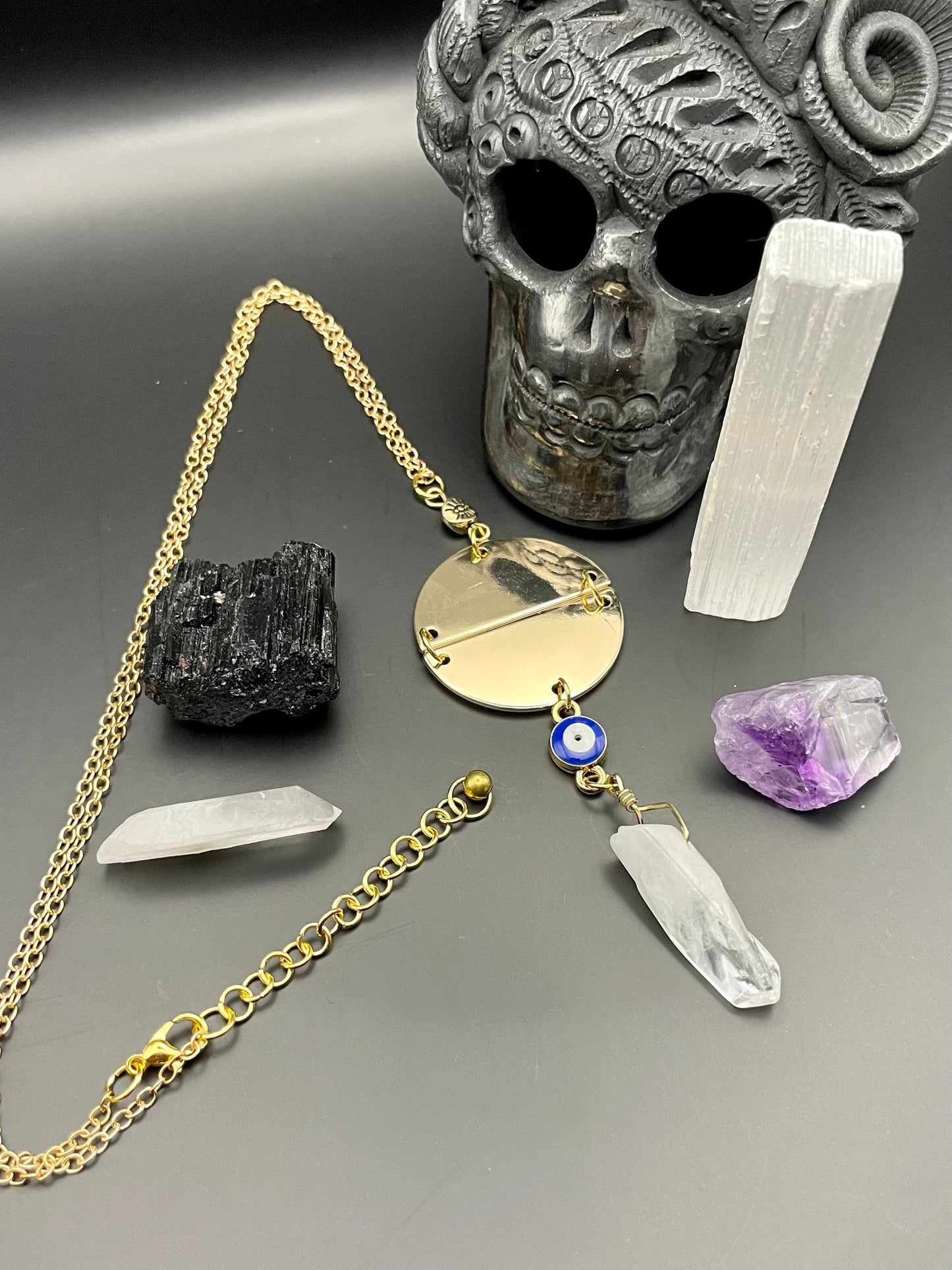 Gold tone evil eye crystal necklace | Statement necklace | Witchy necklace | Boho necklace | Nickel Free Hypoallergic plated steel chain
