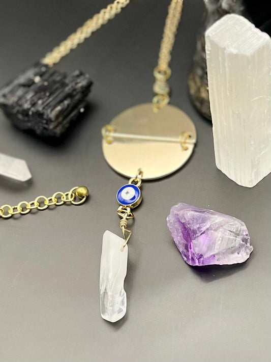 Gold tone evil eye crystal necklace | Statement necklace | Witchy necklace | Boho necklace | Nickel Free Hypoallergic plated steel chain