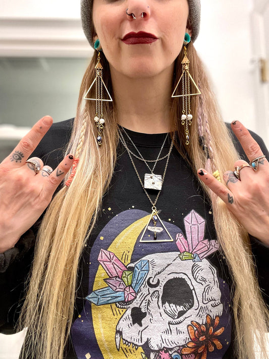 Evil eye and skull golden dangle earrings | Mind’s eye| Witchy earrings | Boho earrings | Nickel Free Hypoallergic plated steel ear wires