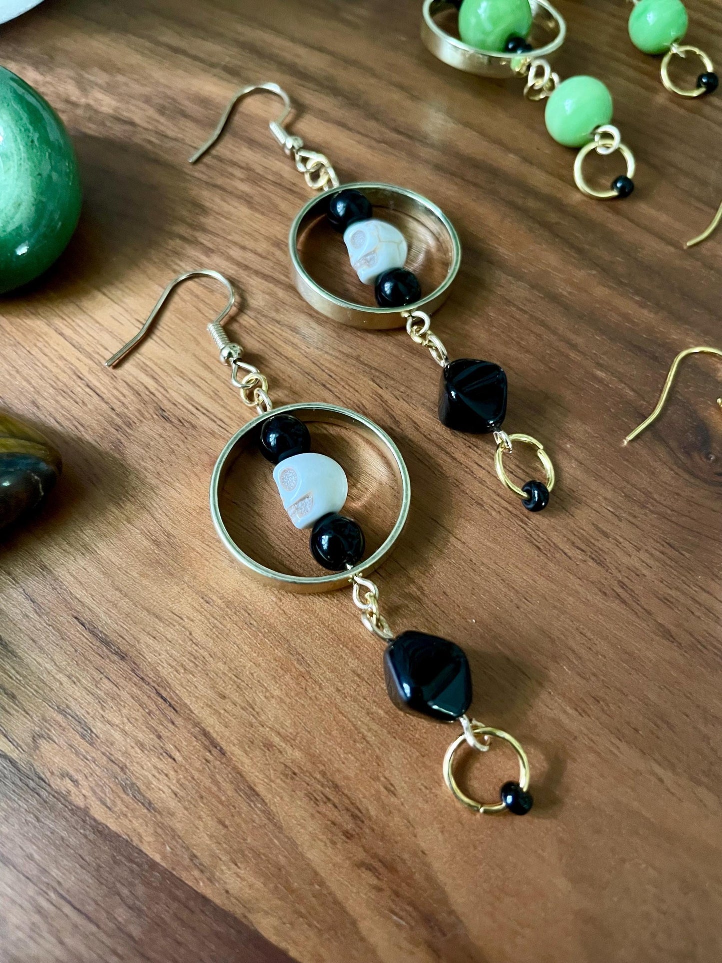 Gold, black, and white Howlite Skull statement earrings | Halloween gifts for her | Nickel Free Hypoallergic ear wires | upcycled beads