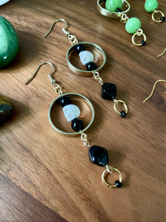 Gold, black, and white Howlite Skull statement earrings | Halloween gifts for her |  Nickel Free Hypoallergic ear wires | upcycled beads