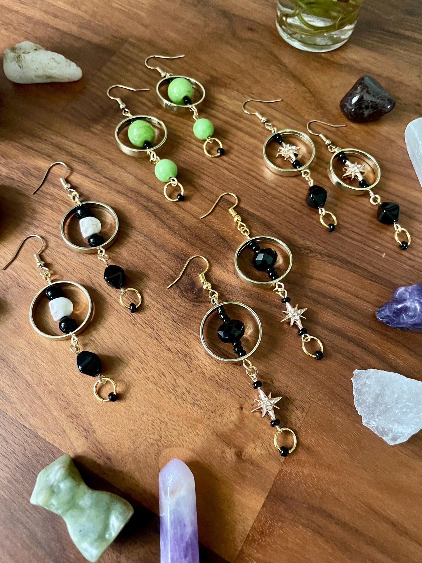 Gold, black, and white Howlite Skull statement earrings | Halloween gifts for her | Nickel Free Hypoallergic ear wires | upcycled beads