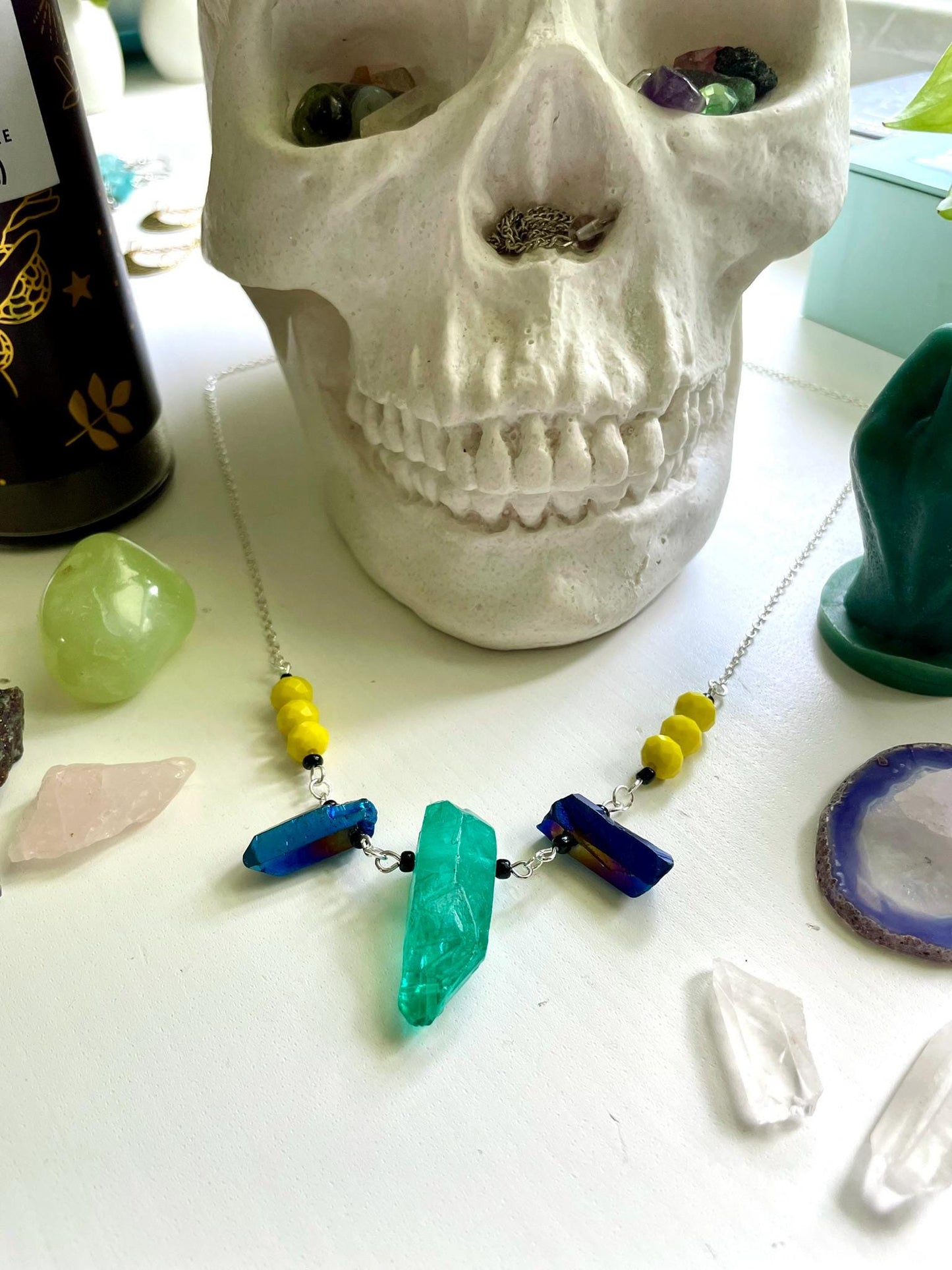 Handcrafted Quartz Crystal Statement Necklace with dyed green and blue quartz, yellow beads | Nickel Free Hypoallergic plated steel chain