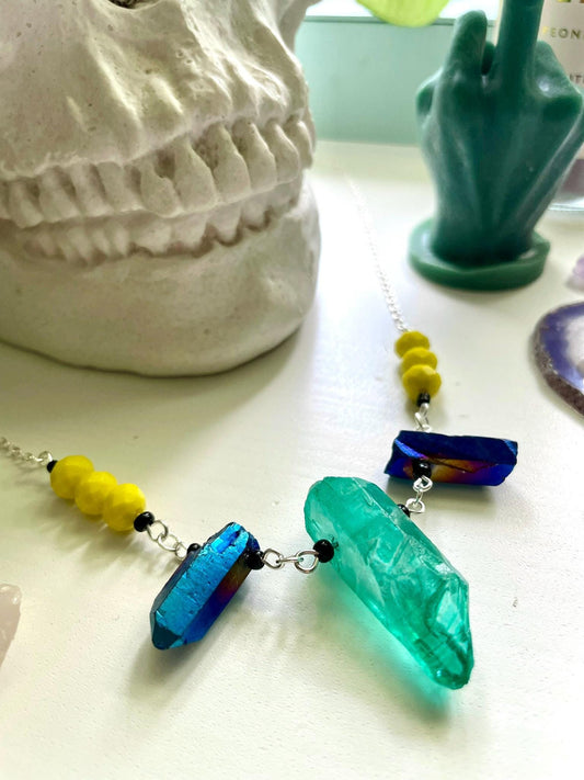Handcrafted Quartz Crystal Statement Necklace with dyed green and blue quartz, yellow beads | Nickel Free Hypoallergic plated steel chain