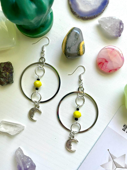 Yellow and Silver Man in the Moon Circle Statement Earrings |  Nickel Free Hypoallergic ear wires | upcycled and new beads | Celestial Gift
