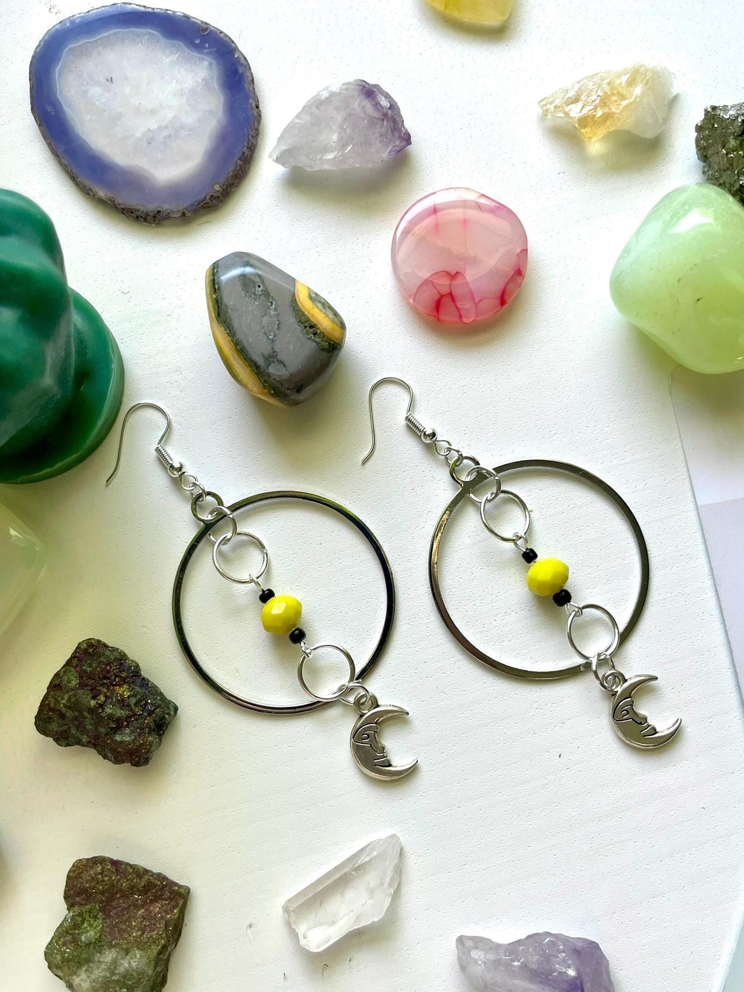 Yellow and Silver Man in the Moon Circle Statement Earrings | Nickel Free Hypoallergic ear wires | upcycled and new beads | Celestial Gift