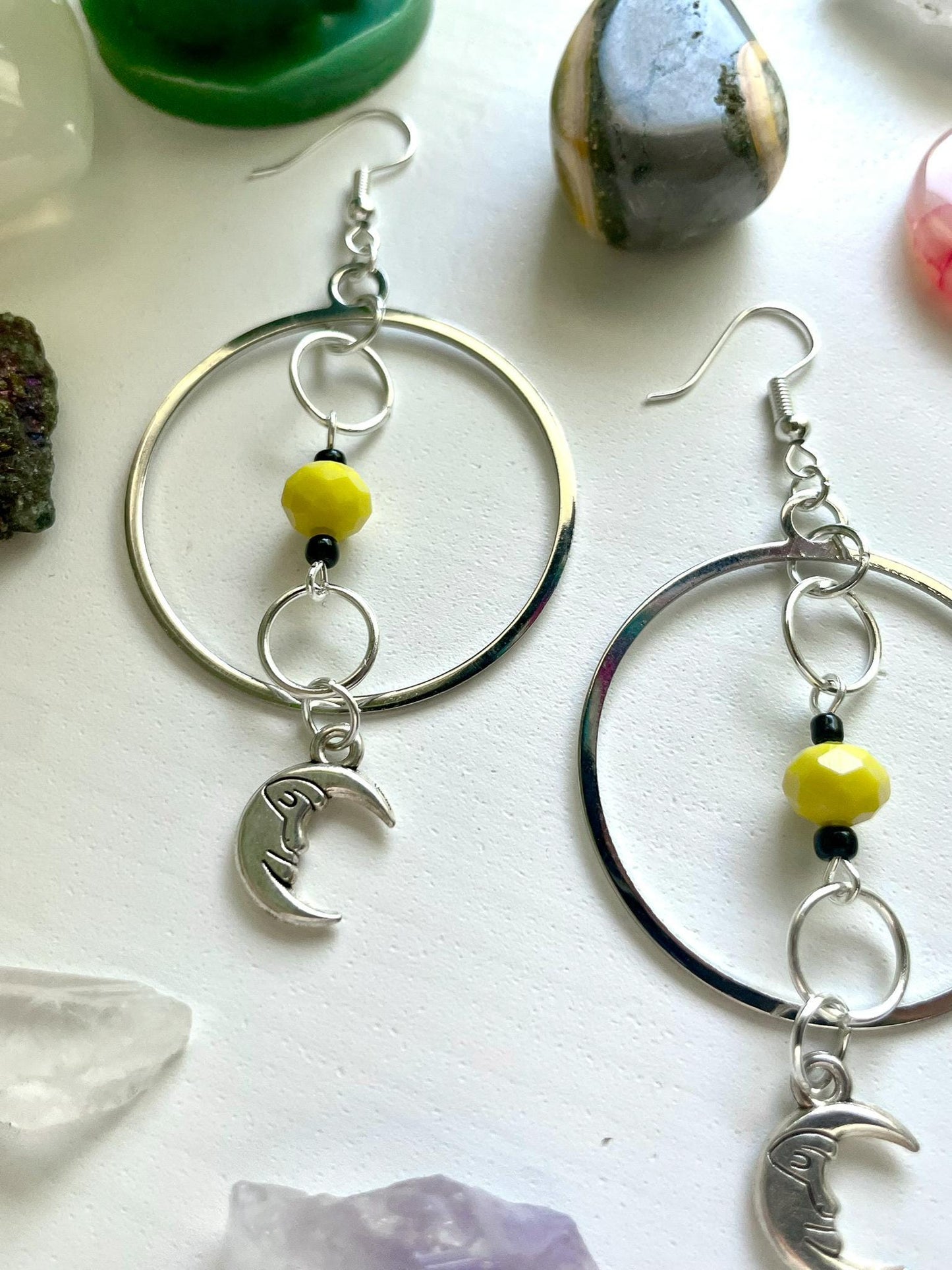 Yellow and Silver Man in the Moon Circle Statement Earrings | Nickel Free Hypoallergic ear wires | upcycled and new beads | Celestial Gift