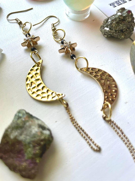 Celestial star and moon witchy dangle statement earrings | Halloween gifts for her |  Nickel Free Hypoallergic ear wires | upcycled beads