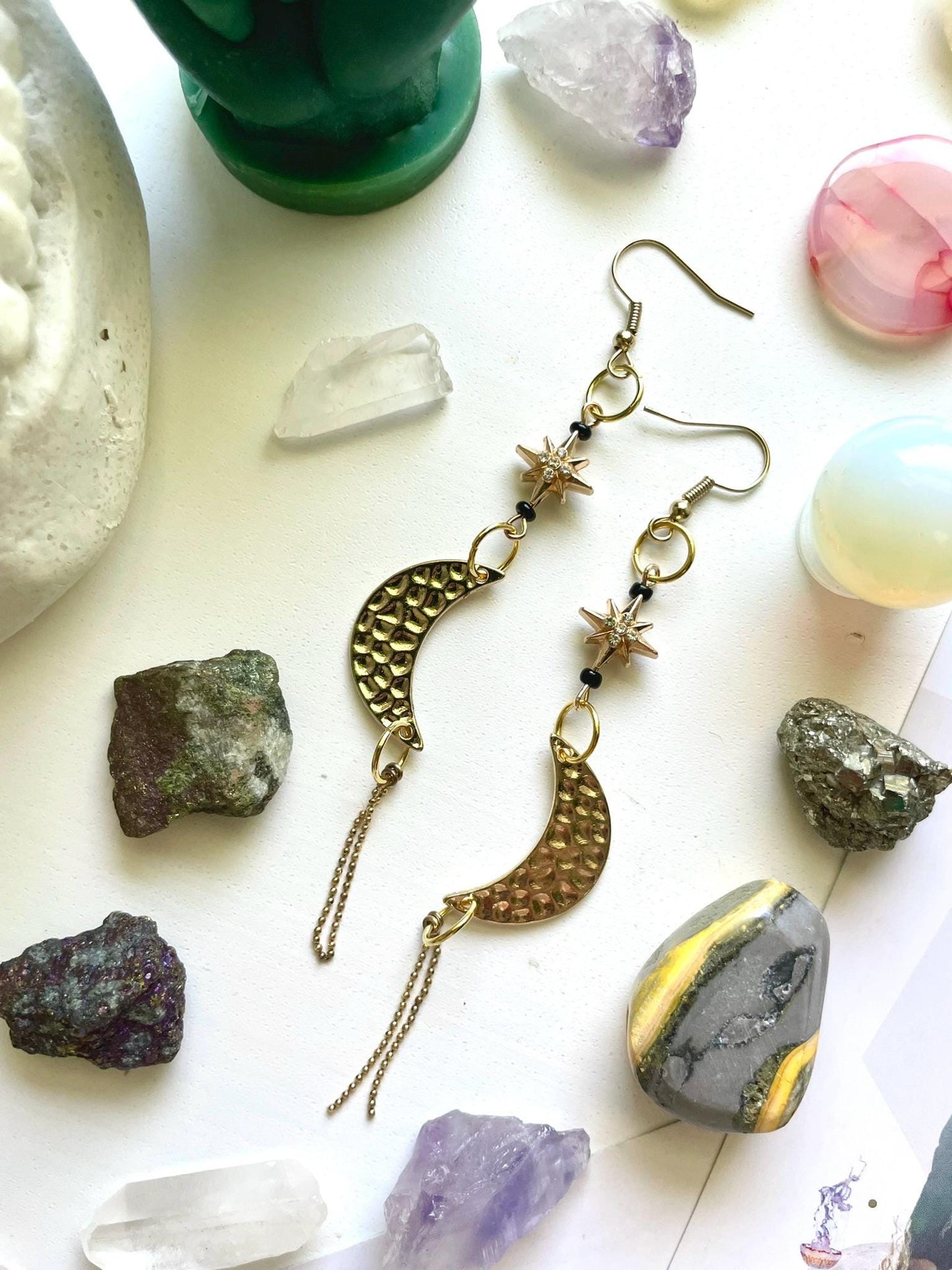 Celestial star and moon witchy dangle statement earrings | Halloween gifts for her | Nickel Free Hypoallergic ear wires | upcycled beads