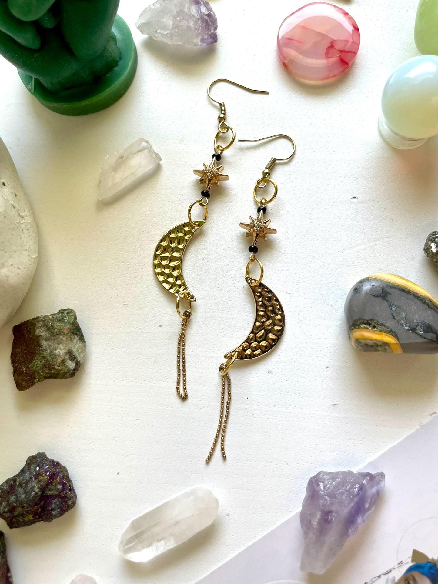 Celestial star and moon witchy dangle statement earrings | Halloween gifts for her | Nickel Free Hypoallergic ear wires | upcycled beads
