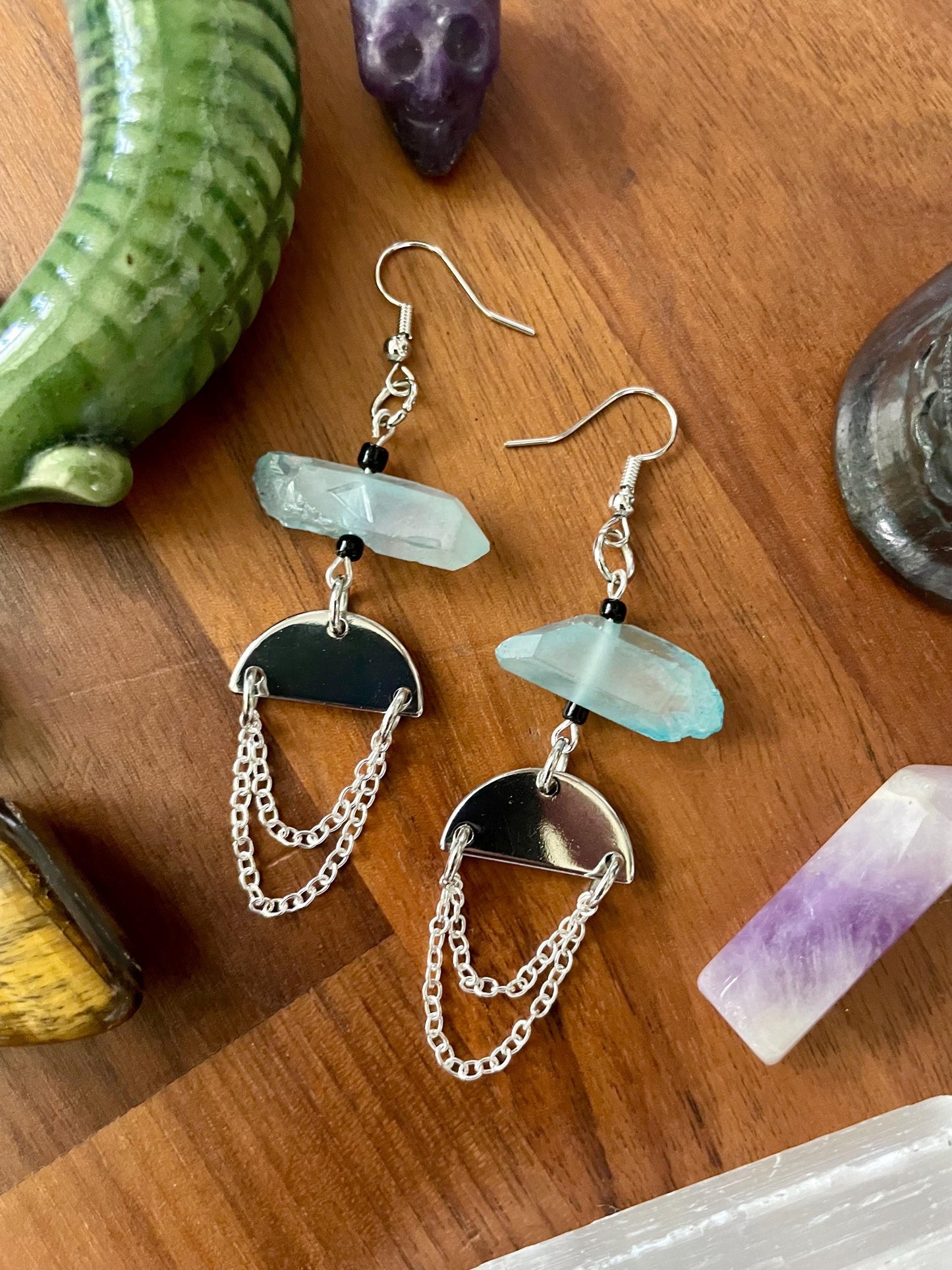 Aqua Quartz Crystal Silver Tone Half Moon Dangly Statement Earrings | Halloween gifts | Nickel Free Hypoallergic ear wires