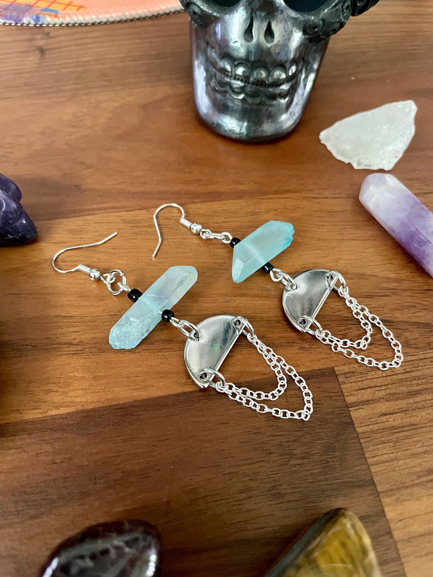 Aqua Quartz Crystal Silver Tone Half Moon Dangly Statement Earrings | Halloween gifts | Nickel Free Hypoallergic ear wires