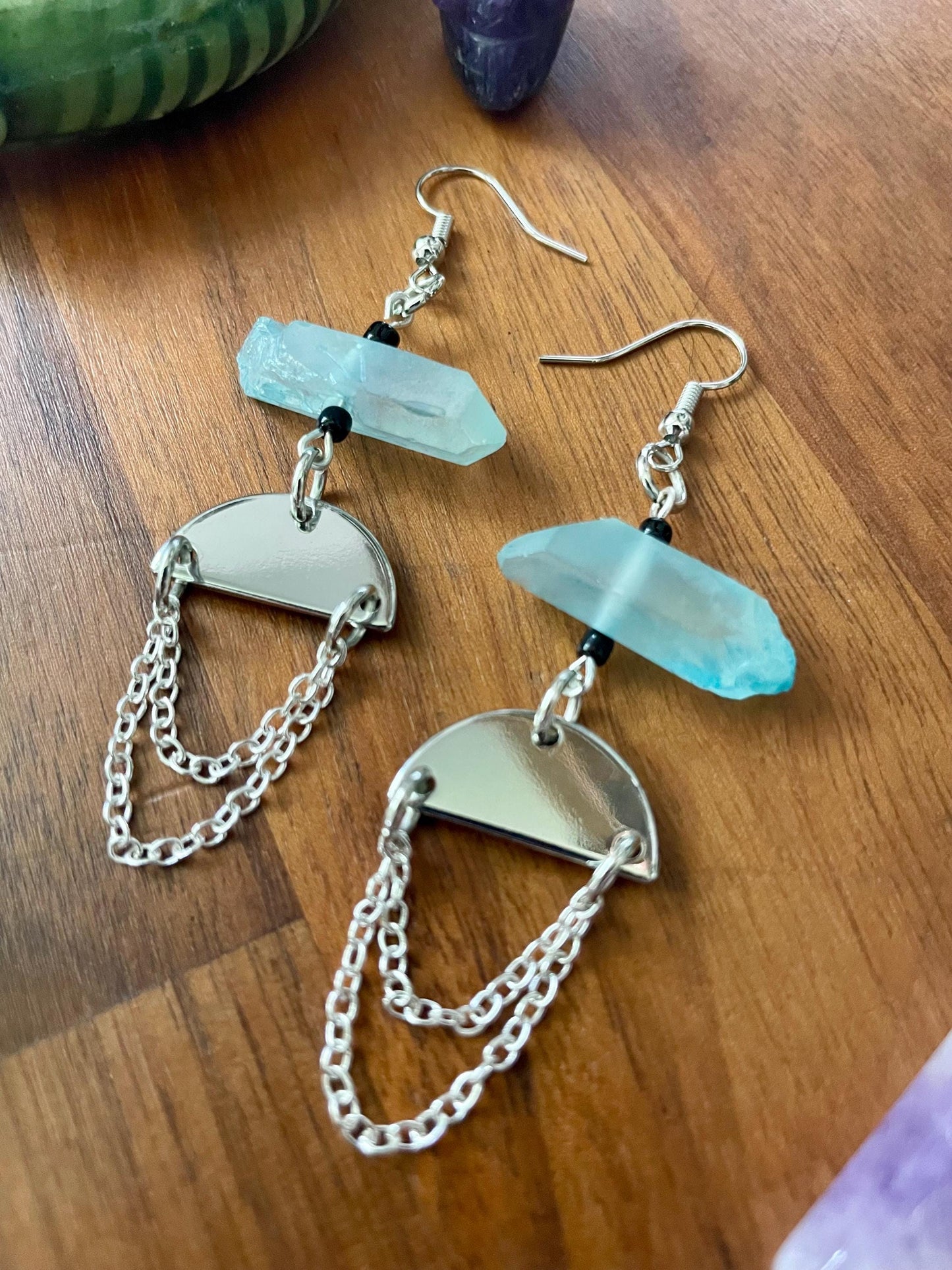 Aqua Quartz Crystal Silver Tone Half Moon Dangly Statement Earrings | Halloween gifts | Nickel Free Hypoallergic ear wires