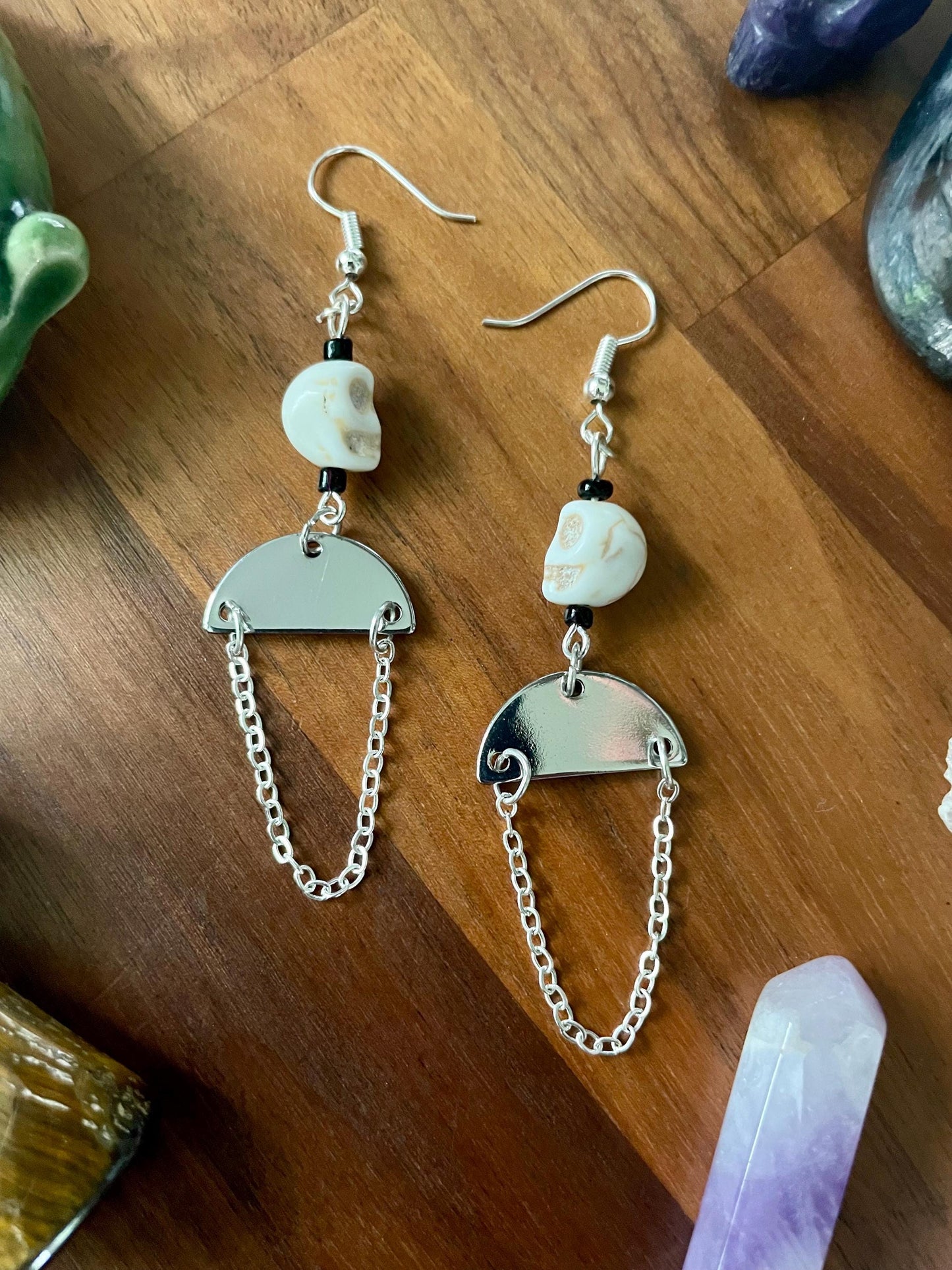White Turquoise Skull silver medium half moon dangle earrings | Witchy Boho Dangly Statement Earrings | Nickel Free Hypoallergic ear wires