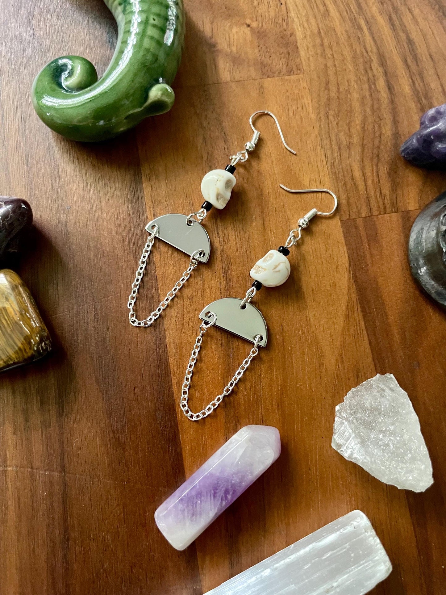 White Turquoise Skull silver medium half moon dangle earrings | Witchy Boho Dangly Statement Earrings | Nickel Free Hypoallergic ear wires