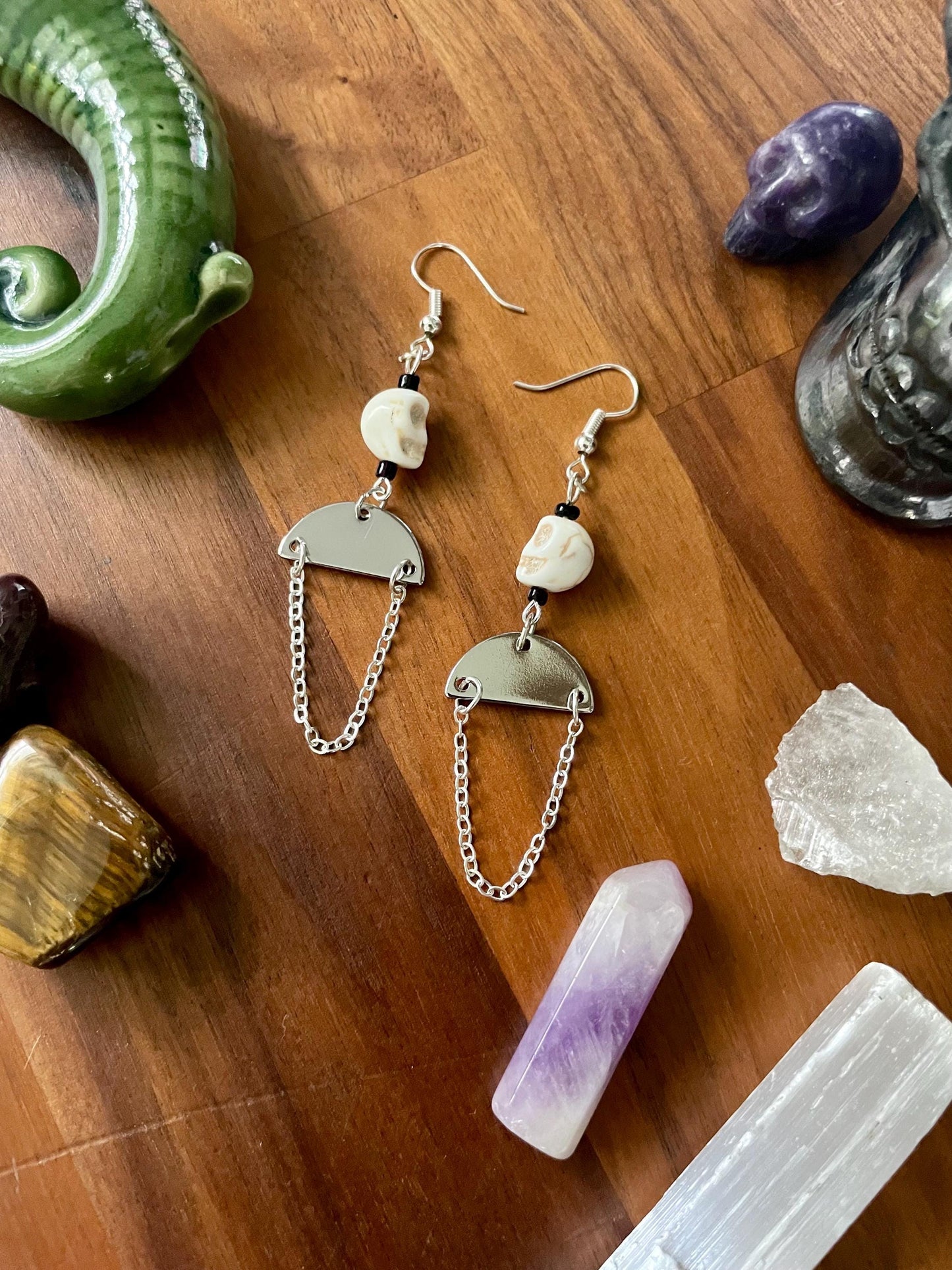 White Turquoise Skull silver medium half moon dangle earrings | Witchy Boho Dangly Statement Earrings | Nickel Free Hypoallergic ear wires