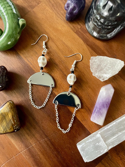 Skull silver half moon dangle earrings | Witchy Boho dangly drop Statement Earrings | Nickel Free Hypoallergic plated steel ear wires