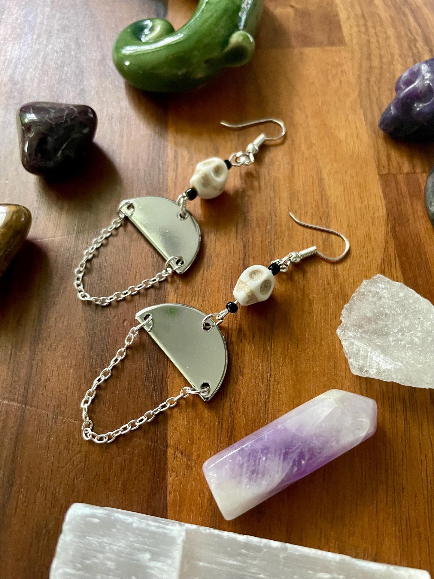 Skull silver half moon dangle earrings | Witchy Boho dangly drop Statement Earrings | Nickel Free Hypoallergic plated steel ear wires