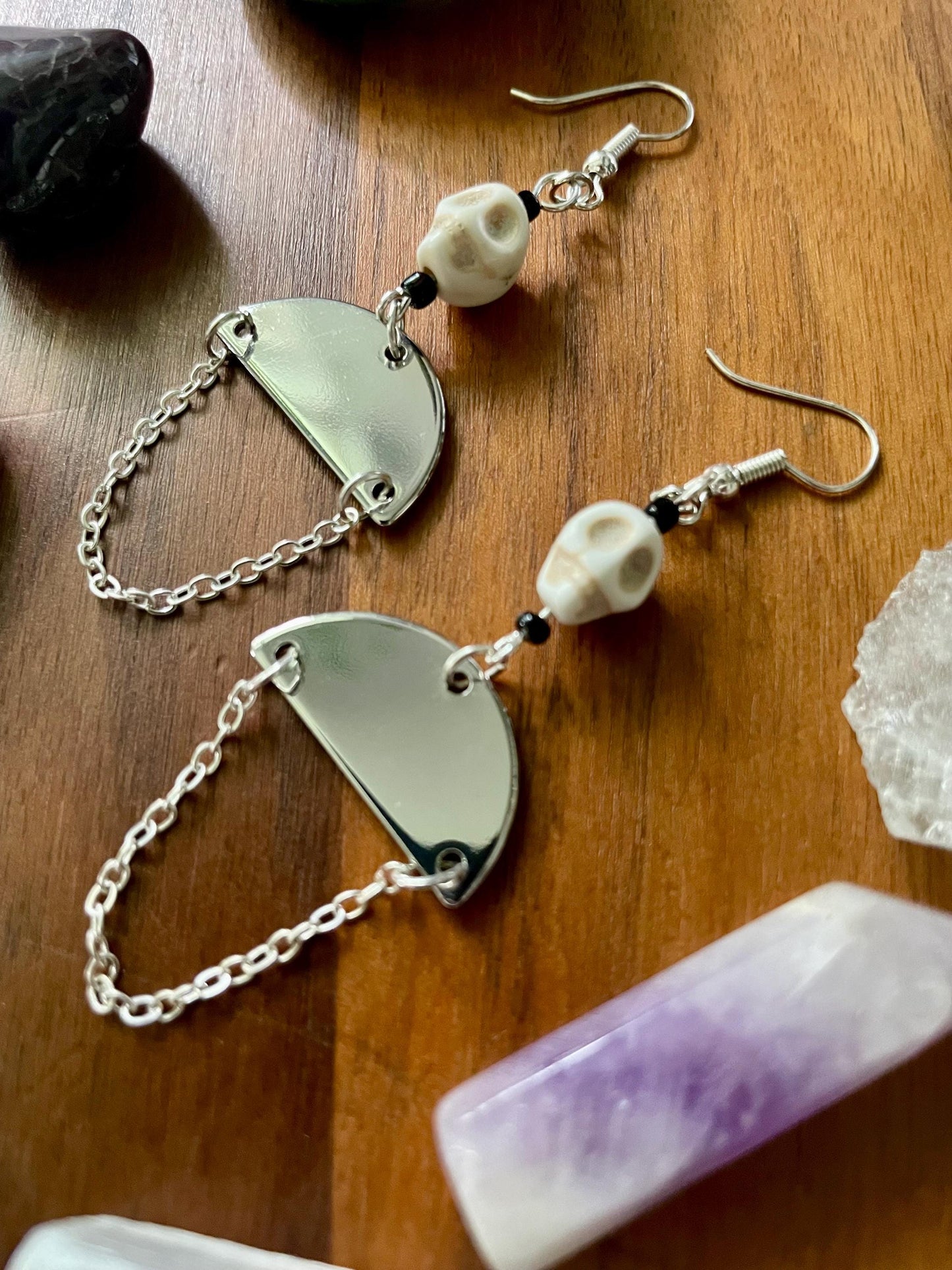 Skull silver half moon dangle earrings | Witchy Boho dangly drop Statement Earrings | Nickel Free Hypoallergic plated steel ear wires