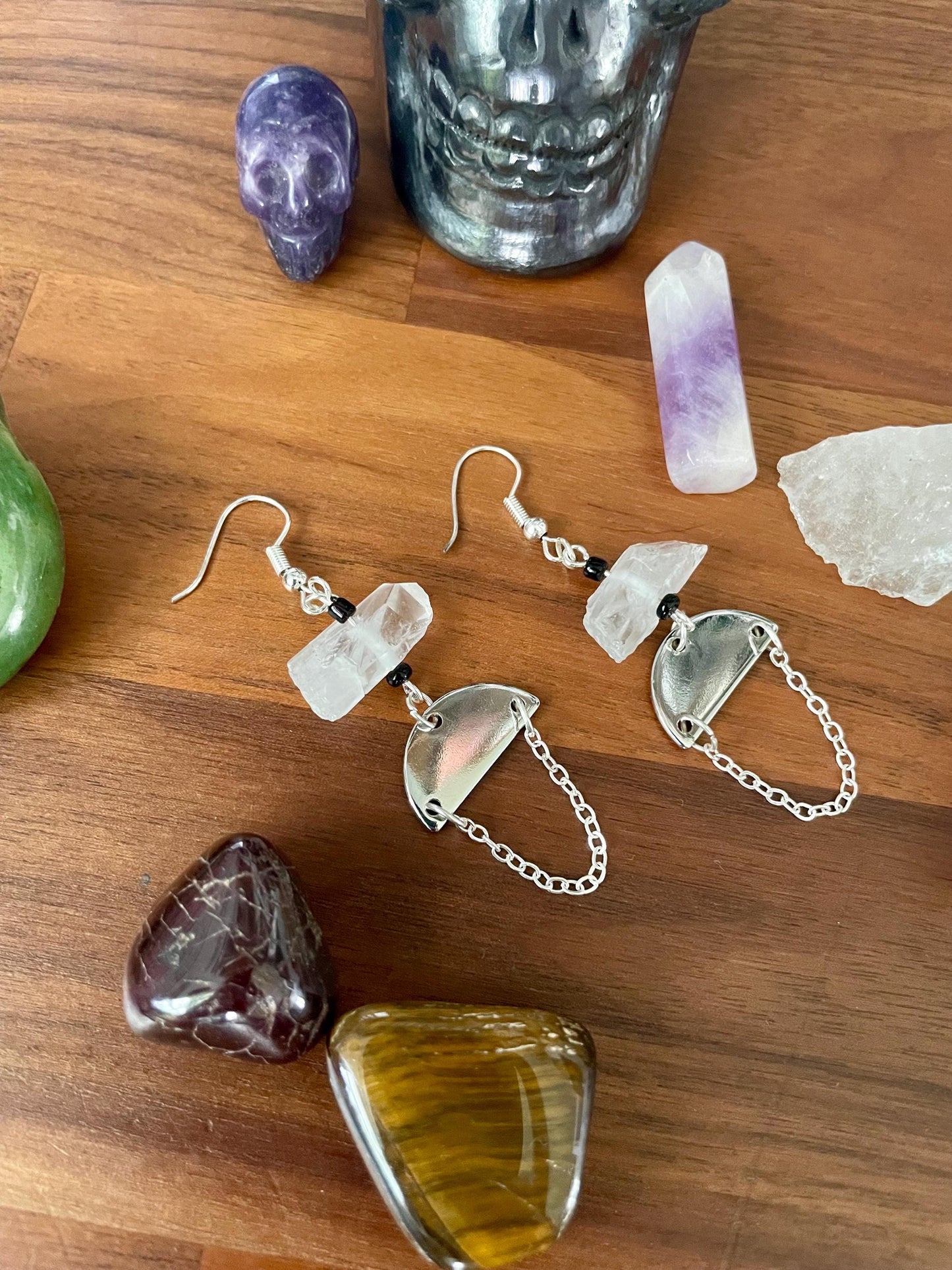 Clear quartz crystal silver half moon dangle statement earrings | Witchy boho earrings | Nickel Free Hypoallergic plated steel ear wires