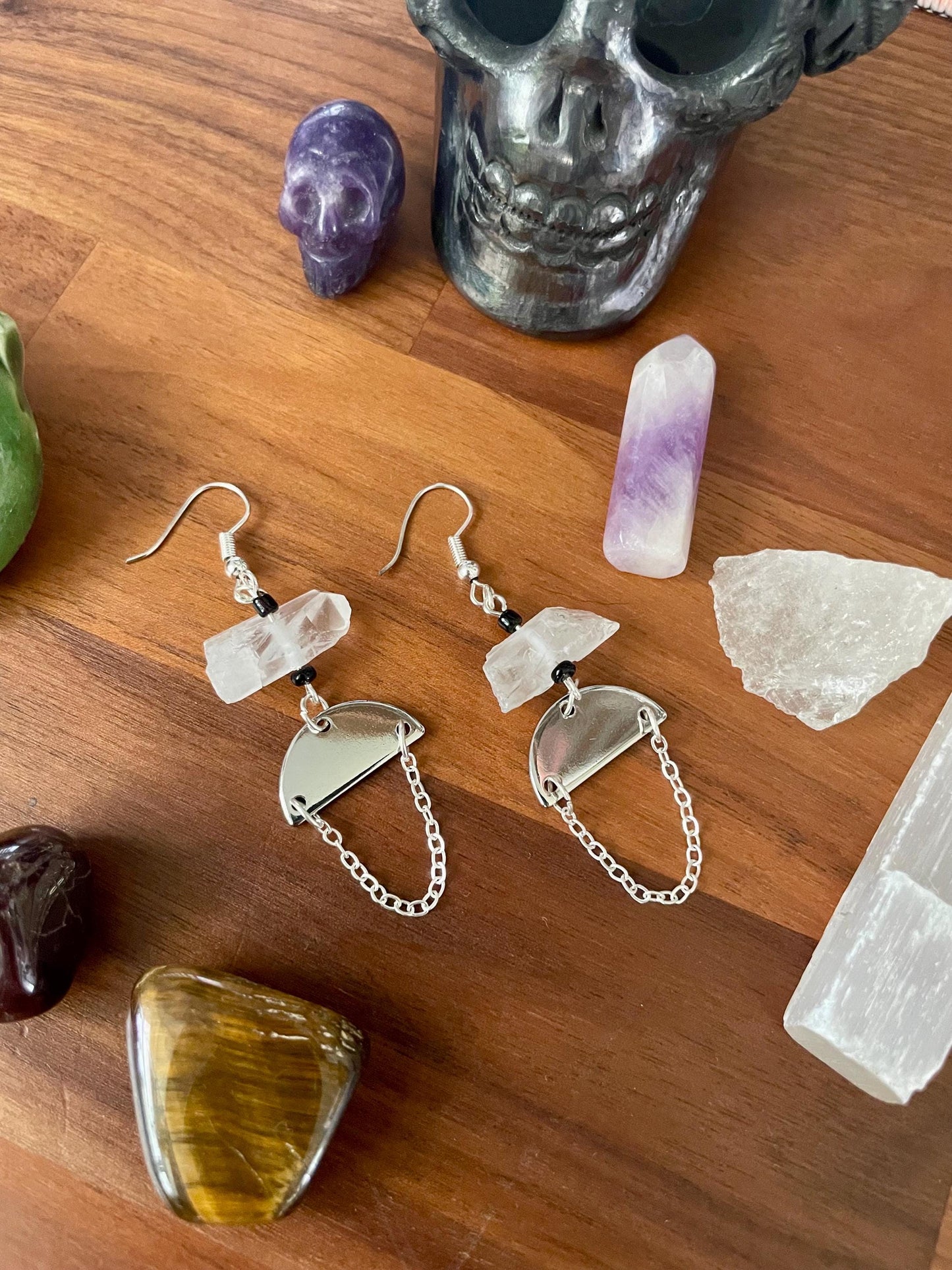 Clear quartz crystal silver half moon dangle statement earrings | Witchy boho earrings | Nickel Free Hypoallergic plated steel ear wires