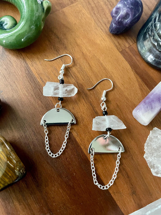 Clear quartz crystal silver half moon dangle statement earrings | Witchy boho earrings | Nickel Free Hypoallergic plated steel ear wires