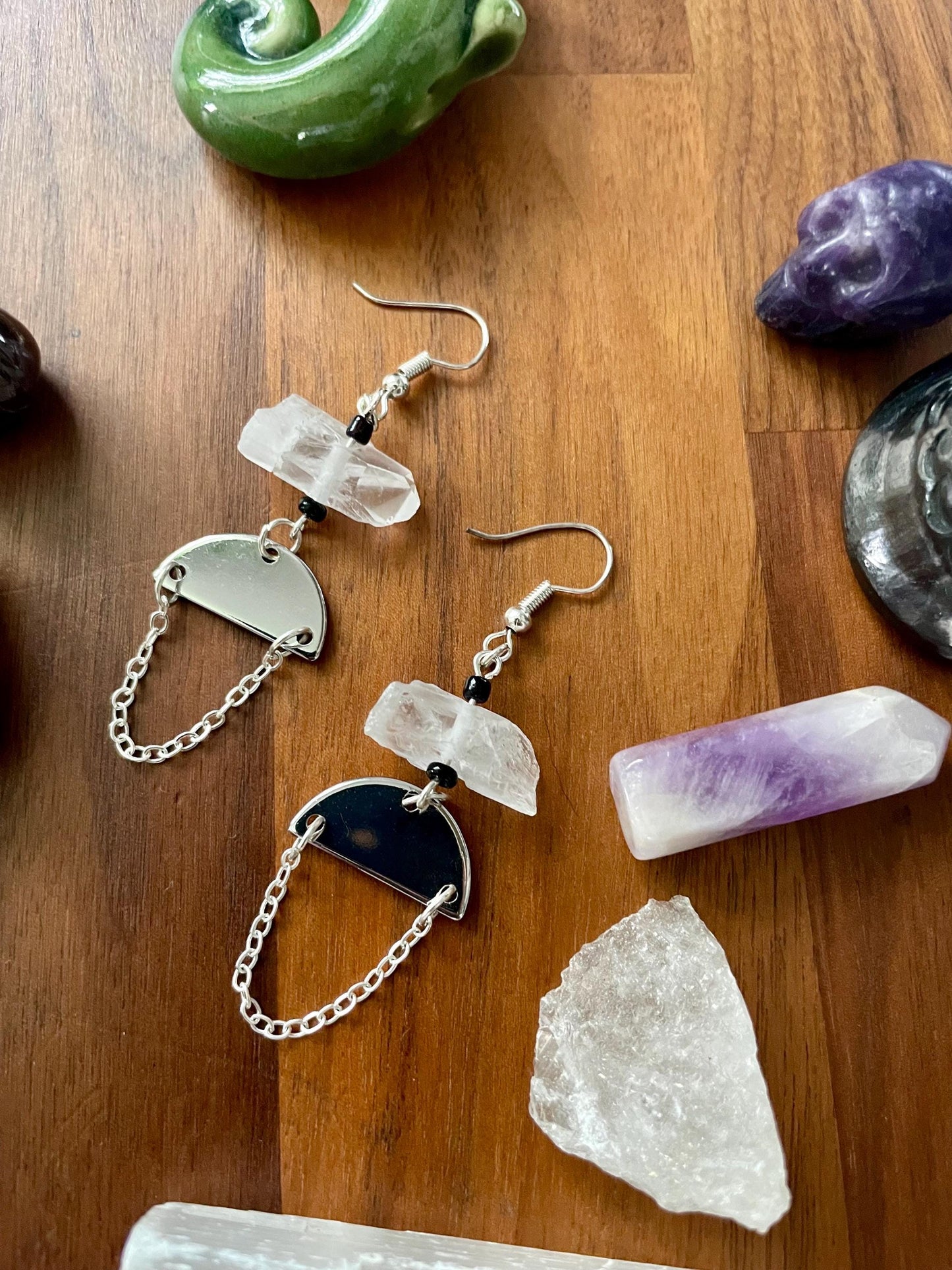 Clear quartz crystal silver half moon dangle statement earrings | Witchy boho earrings | Nickel Free Hypoallergic plated steel ear wires
