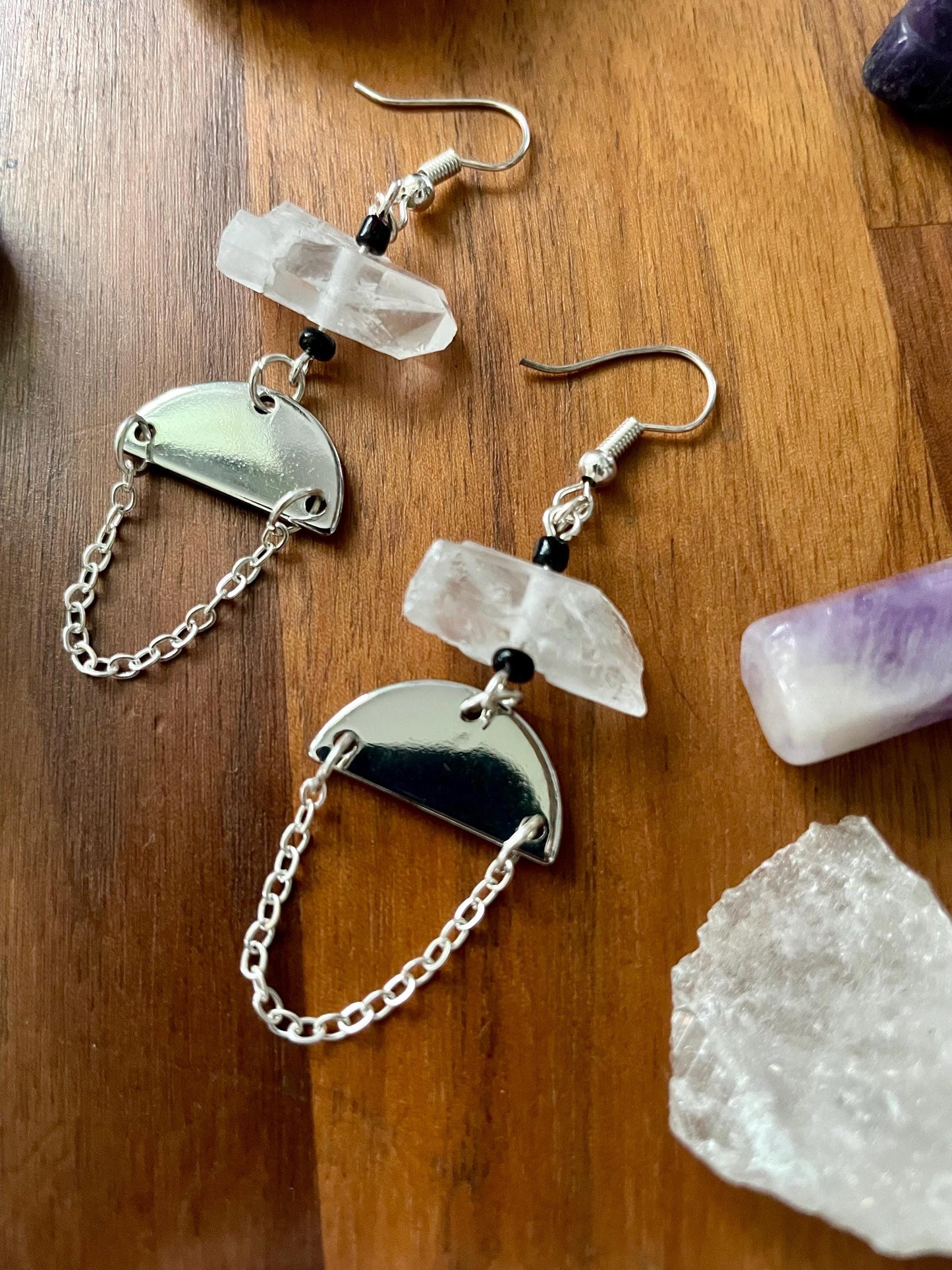 Clear quartz crystal silver half moon dangle statement earrings | Witchy boho earrings | Nickel Free Hypoallergic plated steel ear wires