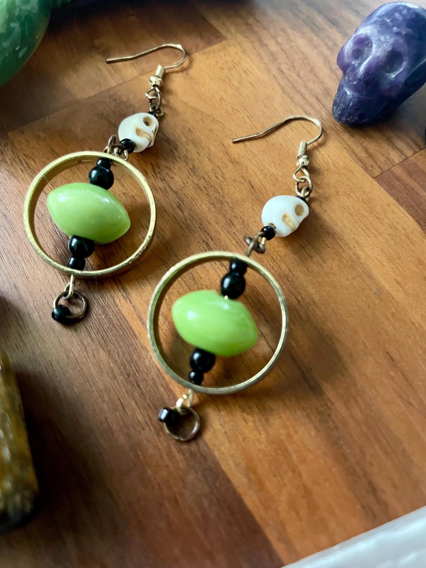 Black, Gold, and Green Skull Dangly Statement Earrings | Halloween gifts | Nickel Free Hypoallergic ear wires | new and upcycled beads
