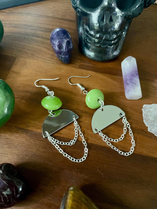 Vintage Green Bead silver semi-circle dangle earrings | Witchy Boho dangly drop Statement Earrings | Nickel Free Hypoallergic ear wires